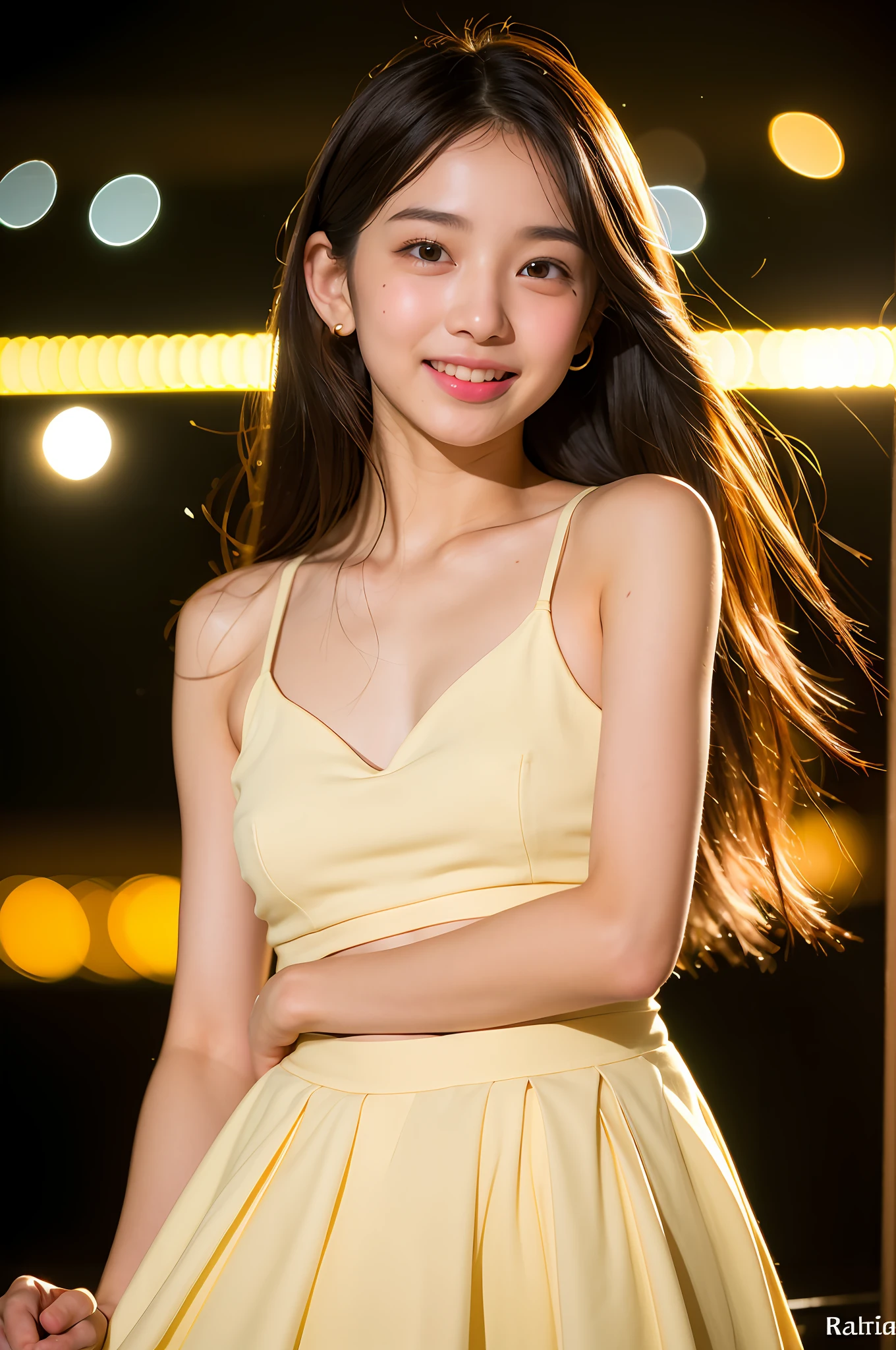 (8K、Raw photography、Photorealsitic:1.25)、(15 year old woman with beautiful perfect face)、(Dancing)、(lipgloss、long lashes、Beautiful expression、shiny bare skin、top-quality、超A high resolution、depth of fields)、spats、Tank Tops、Expressing the joy of dancing、Photograph the whole body、Night view of the city