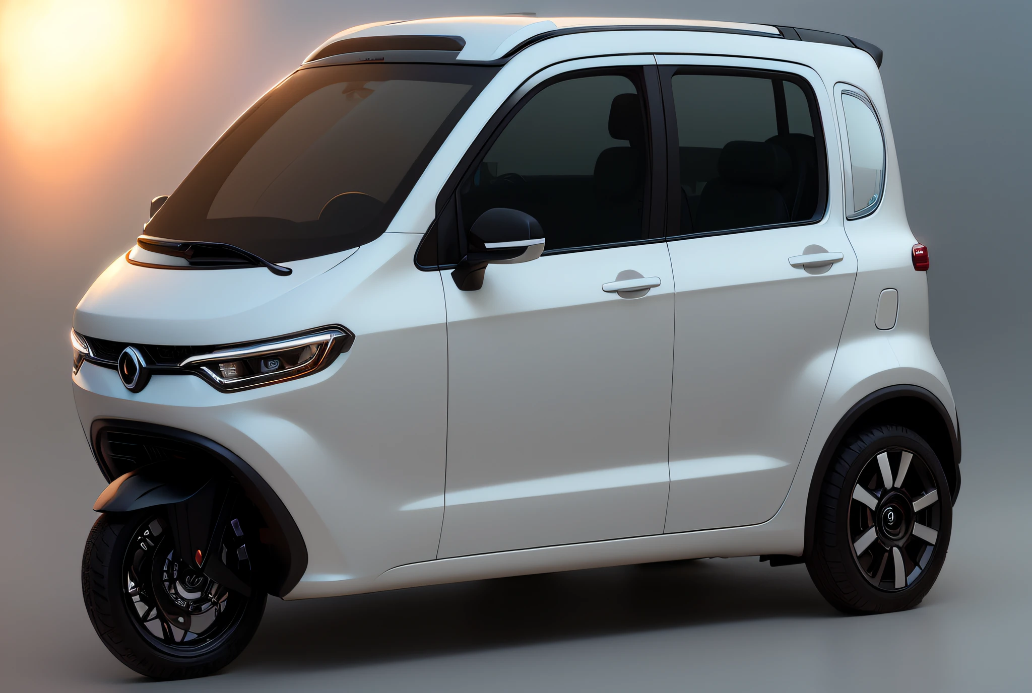 Close up of small car with side sticker,White car paint,White car, intelligent, kama russian electrocar, new vehicle, cute future vehicles, 3 6 0 p, futuristic product car shot, 4 8 0 p, 480p, sha xi, 360º, full view of a car, 4L, 3/4 front view of a (masterpiece:1.2) (photorealistic:1.2) (bokeh) (best quality) (detailed skin) (intricate) (8k) ( HDR)(电影灯光)(Sharp focus)