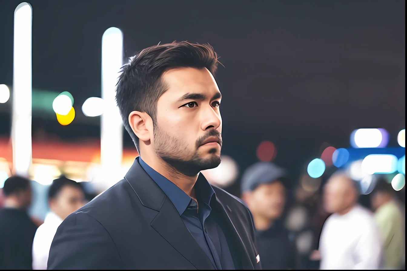Man standing in a crowded area, looking sad, focused on one man, dslr, cinematic