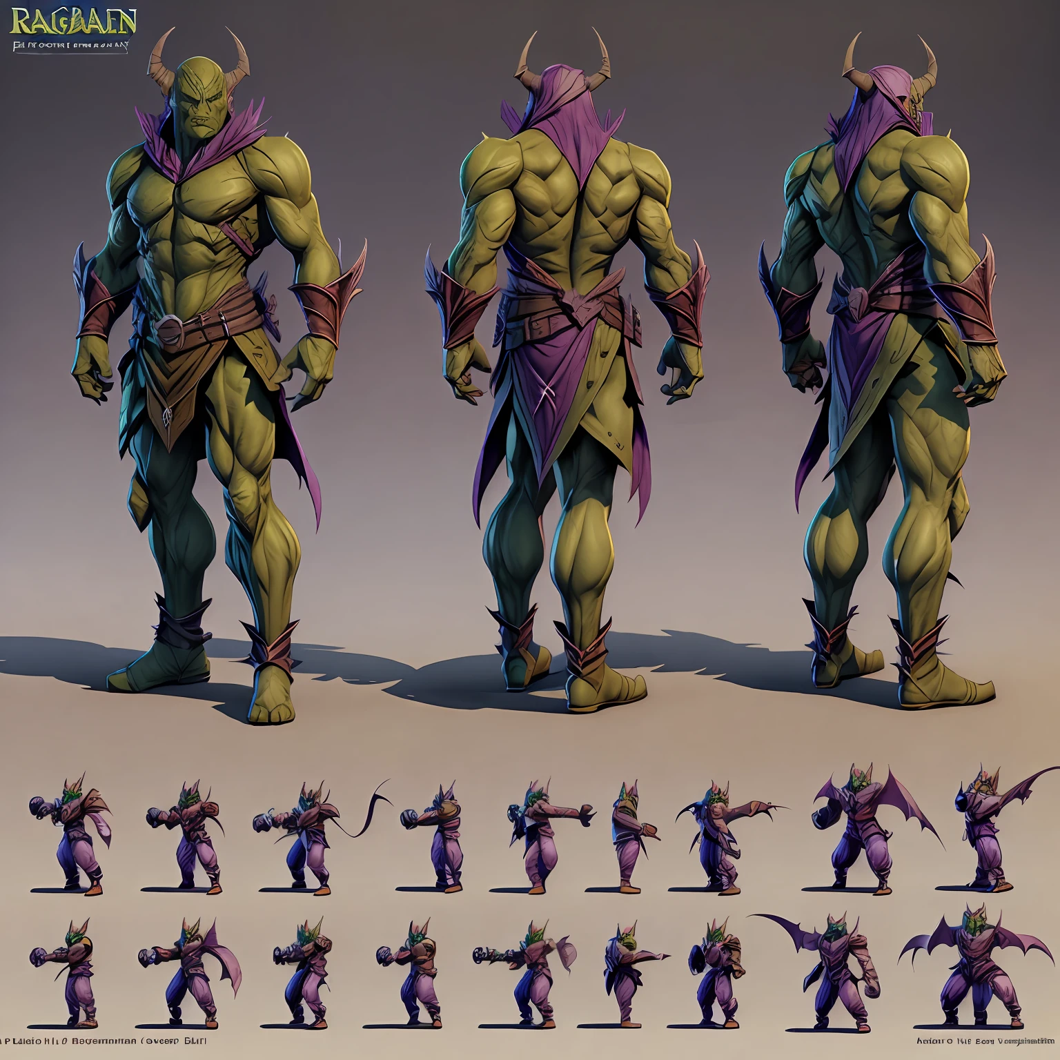 RPG game big green goblin(1.5) model, model sheet turnaround, full color, two thirds wiew, front::4 view and back view –v 4 –ar 3:2, World of Warcraft, Dota 2, Dragon age Inquisition, goblin face(1.2)