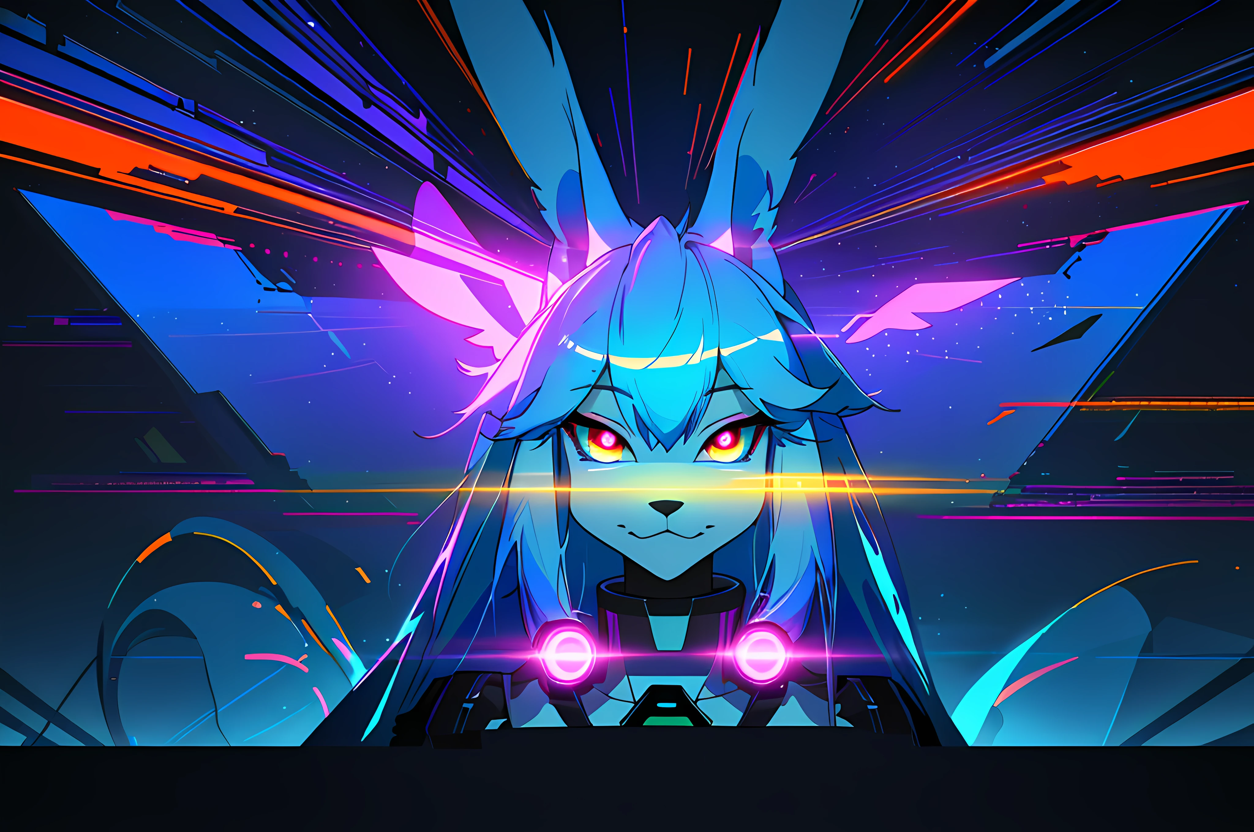 (vintage vhs), (crt screenshot), (Zen, Amy Sol style), (((blue anthro kemono furry rabbit))), underground cavern shining flashlight in old ruins, scene from a show about a blue anthro furry kemono rabbit who investigates deep space crime, (vast decrepit scenery:1.2) blame! style, nightmarish illustration, glowing eyes everywhere, intense eye contact, hybrid human / anthro, electrixbunny, rabbit anthro portrait, ((portrait)), bunnypunk, weirdcore voidpunk fursona, wearing bunny ears, cover art with light abstraction, abstract, simple vector art, contemporary Cybernetic art, color gradients, soft color palettes, layered forms, whimsical animation, style Ethereal abstract, 4K, --v6