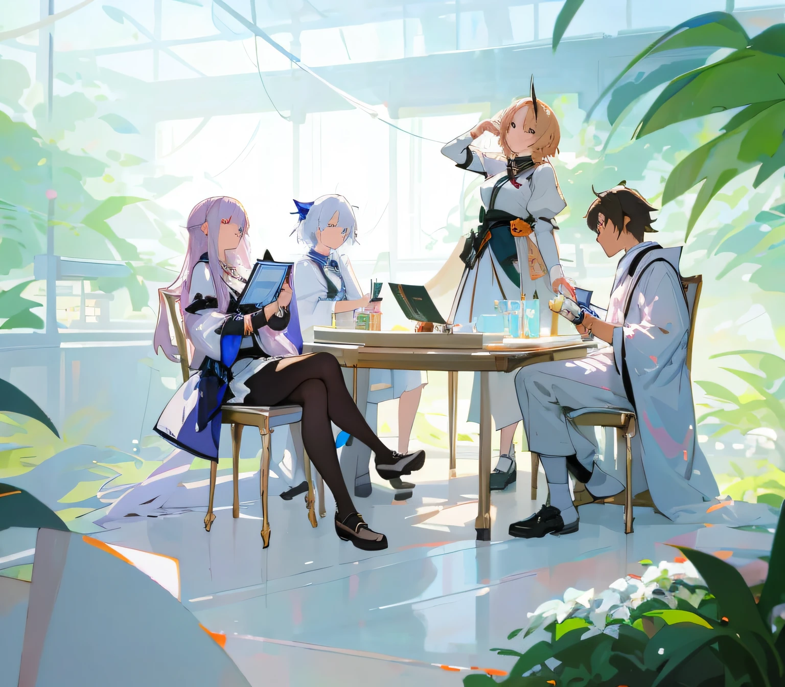 Anime characters sit around tables，and a woman in a white dress, afternoon hangout, Official illustration, zerochan art, high detailed official artwork, official fanart, Relaxing concept art, anime key visual concept, anime key visual concept art of, trending on artstation pixiv, From Arknights, official character illustration, exciting illustration, card game illustration, highly detailed exquisite fanart