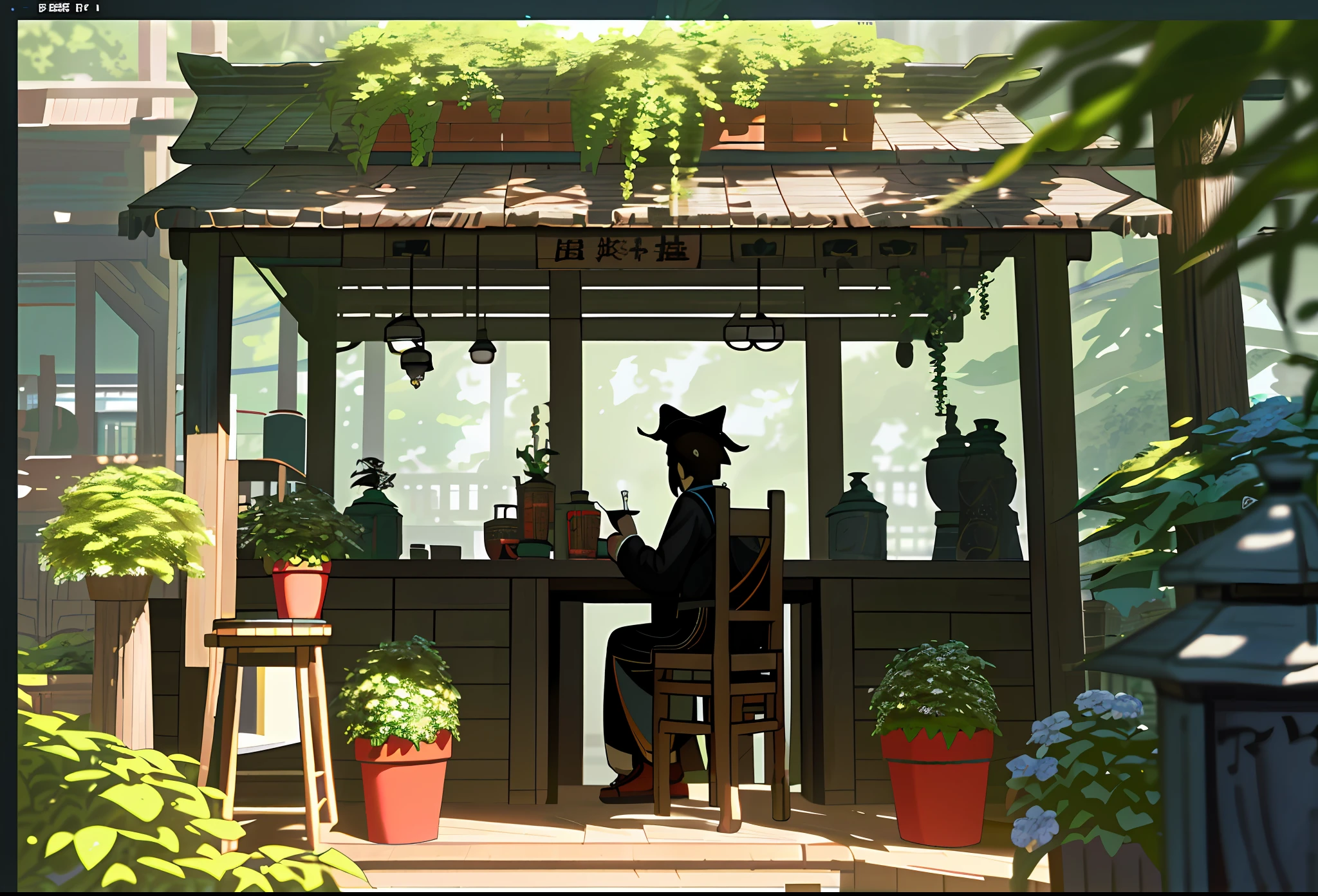 catss,florals,Pirate pill advertisement,Oden,Humanity,janelas,a chair,desks,A plant,scenecy,doors,potted,stools,vases,flower pots,Cafe,Cutebuild style,人物,Red lanterns,Small roadside stalls((best qualtiy)), ((tmasterpiece)), (the detail:1.4), Ray traching,NVIDIA RTX,Super-Resolution,Unreal 5,Subsurface scattering、PBR Texture、post-proces、Anisotropy Filtering、depth of fields、maximum definition and sharpness、Many-Layer Textures、Albedo e mapas Speculares、Surface Coloring、Accurate simulation of light-material interactions