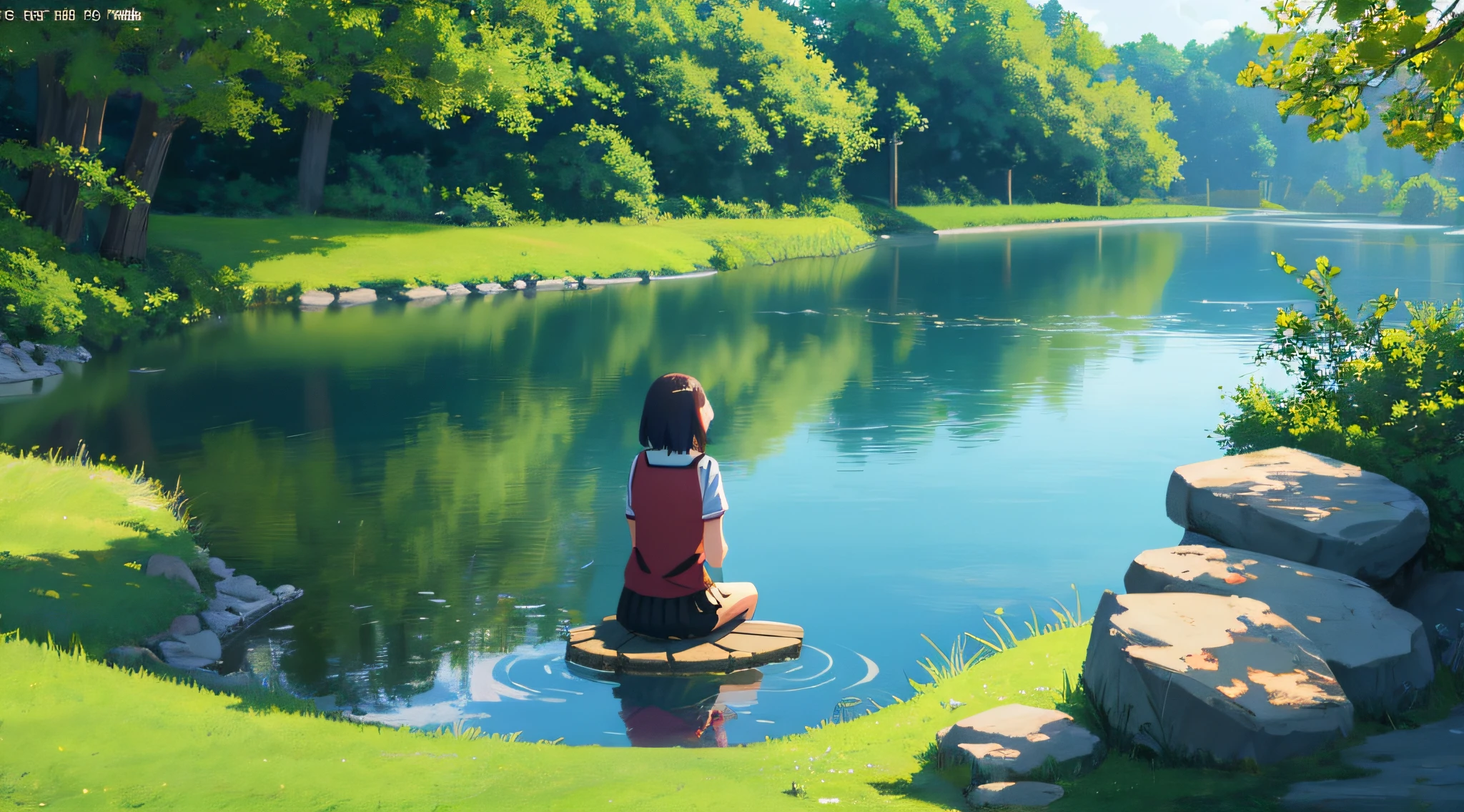 Anime girl sitting on grass by the lake,There are peace signs, anime lush john 8k woods, style of anime4 K, Artgerm and Atey Ghailan, sitting at a pond, Anime Nature, trending on artstation pixiv, Anime art wallpaper 8 K, perto de um lago, anime nature wallpap, Anime style. 8K, High Quality Anime Art Style