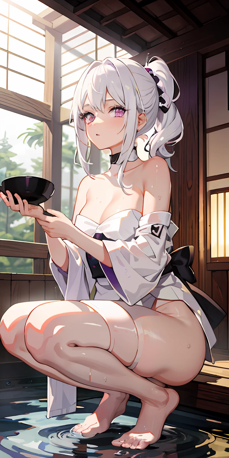1girll, White hair, Purple eye, sportrait, photorealestic, Towels, (Onsen), side-lighting, the wallpaper, NSFW,Squat and spread your legs