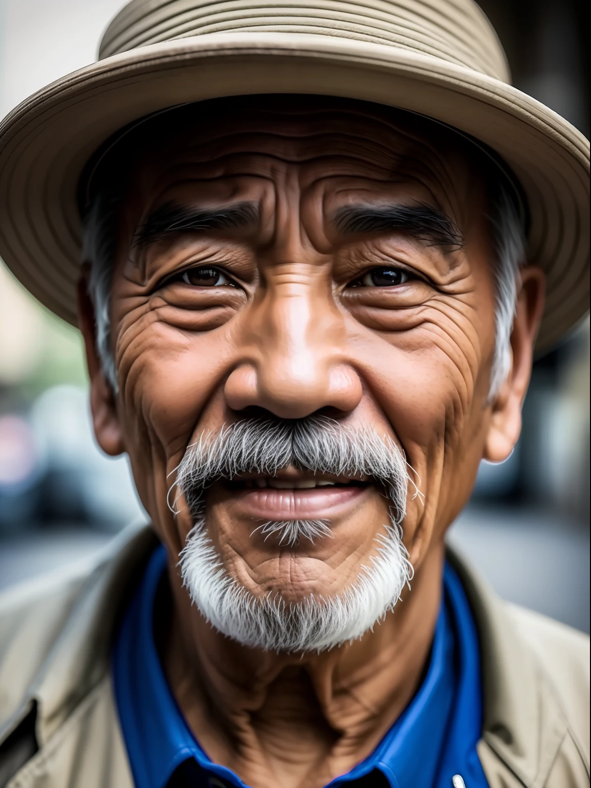 an old asian man, 60 years old, austere, swarthy, wrinkled, homeless, double eyelids, bust portrait, 4k, hdr, dslr, nikon D700, lens sigma art 85 mm , f1:2, bright colors, bright smile