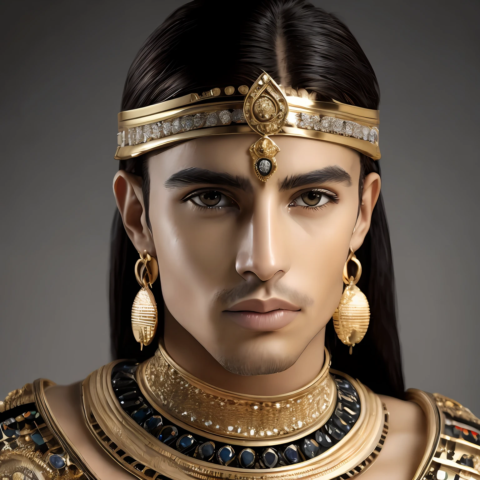 A young man as Cleopatra (reconstruct) (face image) (beste-Qualit) (ultra realistis) (8K) (kblack eyes) (black hair) (gold earrings) (Antique jewelry)