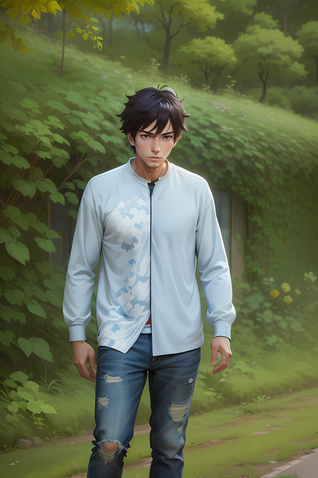 There is a man sitting on the road near an overgrown abandoned city of Japan, sitting and watching and around his abandoned village of Japan, Makoto Shinkai Cyril Rolando, Art Style Makoto Shinkai, Sitting on the Road Landscape, 4K Manga Wallpaper, Anime Art Wallpaper 4K, Anime Art Wallpaper 4K, Anime Art Wallpaper 8K, Makoto Shinkai!, Cyril Rolando and Goro Fujita