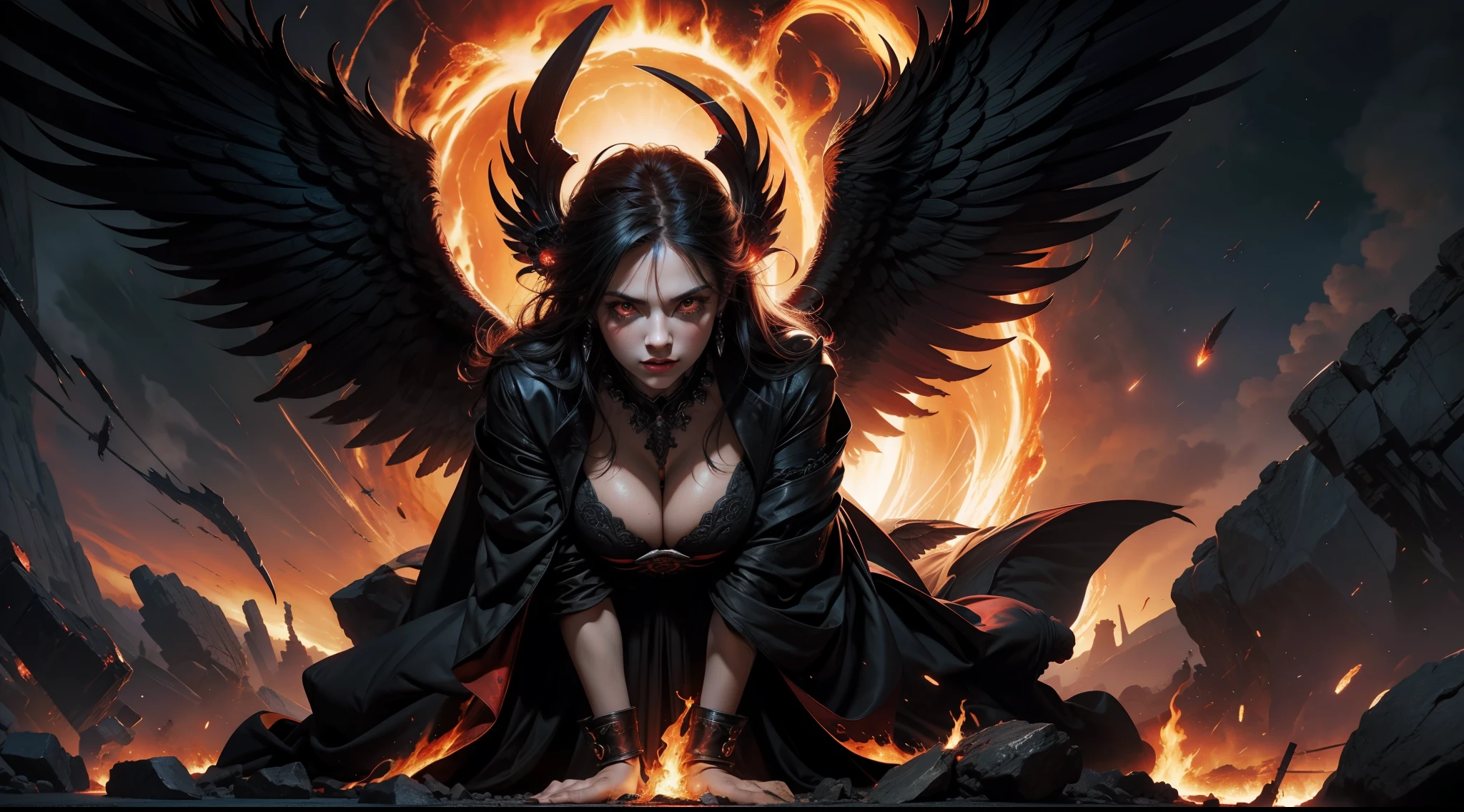 （Award-winning digital artwork：1.3） af （sketching：1.3），（with dynamism：1.3），（Saturation：1.3），（Close portrait：1.3），（femele：1.4），（big breasts beautiful： 1.4),(carismatic:1.3),angelicales，Red eyes，Bright magic，volcanoes，Large breasts，complex patterns，Film filter, ，dramatics，dynamicposes，illusory engine， (High detail: 1.9)，mystic symbols，black toga，massive wings，Black wings，red color eyes，Arrogant look，molten lava，Burning longsword，The background has huge eyes