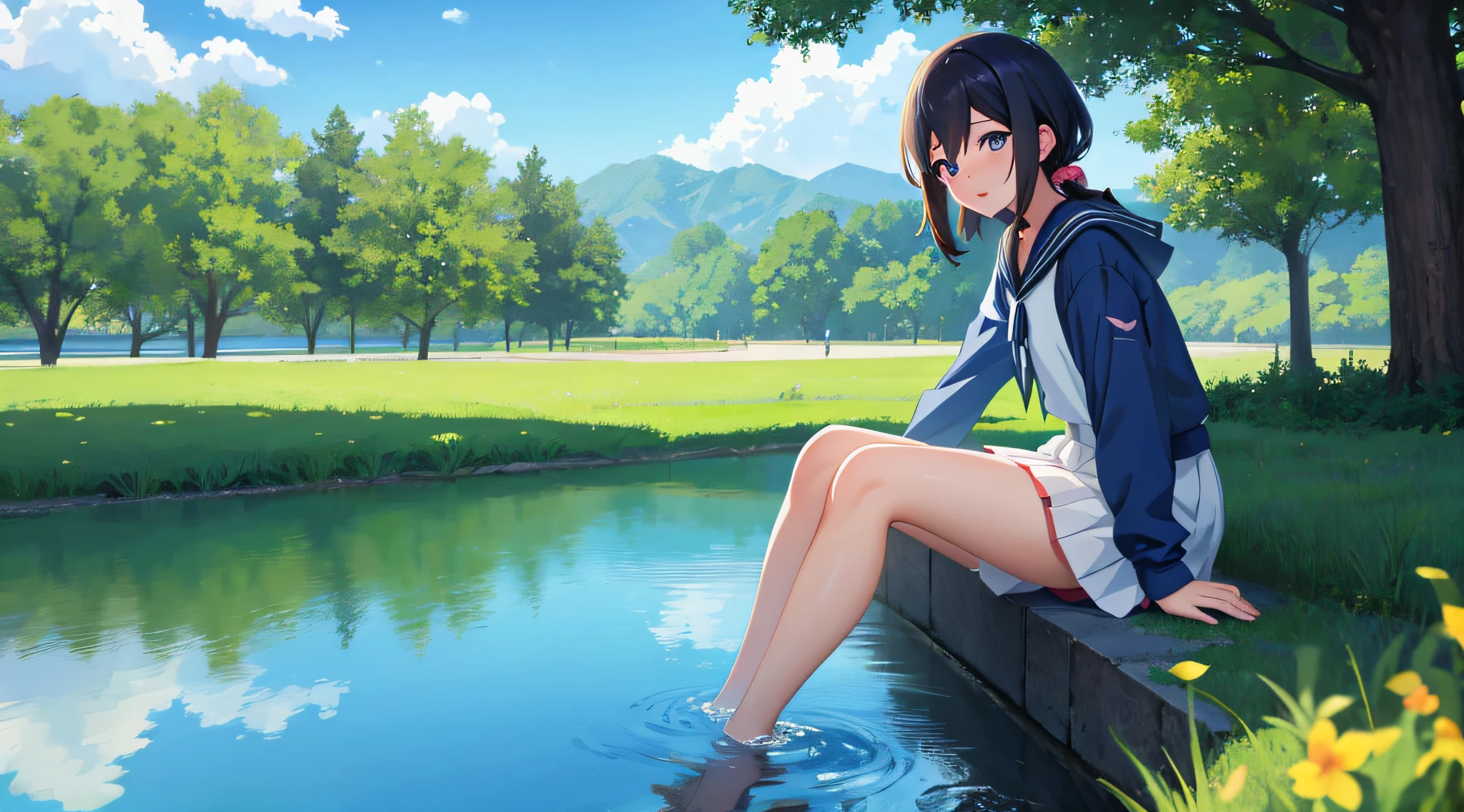 Anime girl sitting on grass by the lake,There are peace signs, anime lush john 8k woods, style of anime4 K, Artgerm and Atey Ghailan, sitting at a pond, Anime Nature, trending on artstation pixiv, Anime art wallpaper 8 K, perto de um lago, anime nature wallpap, Anime style. 8K, High Quality Anime Art Style