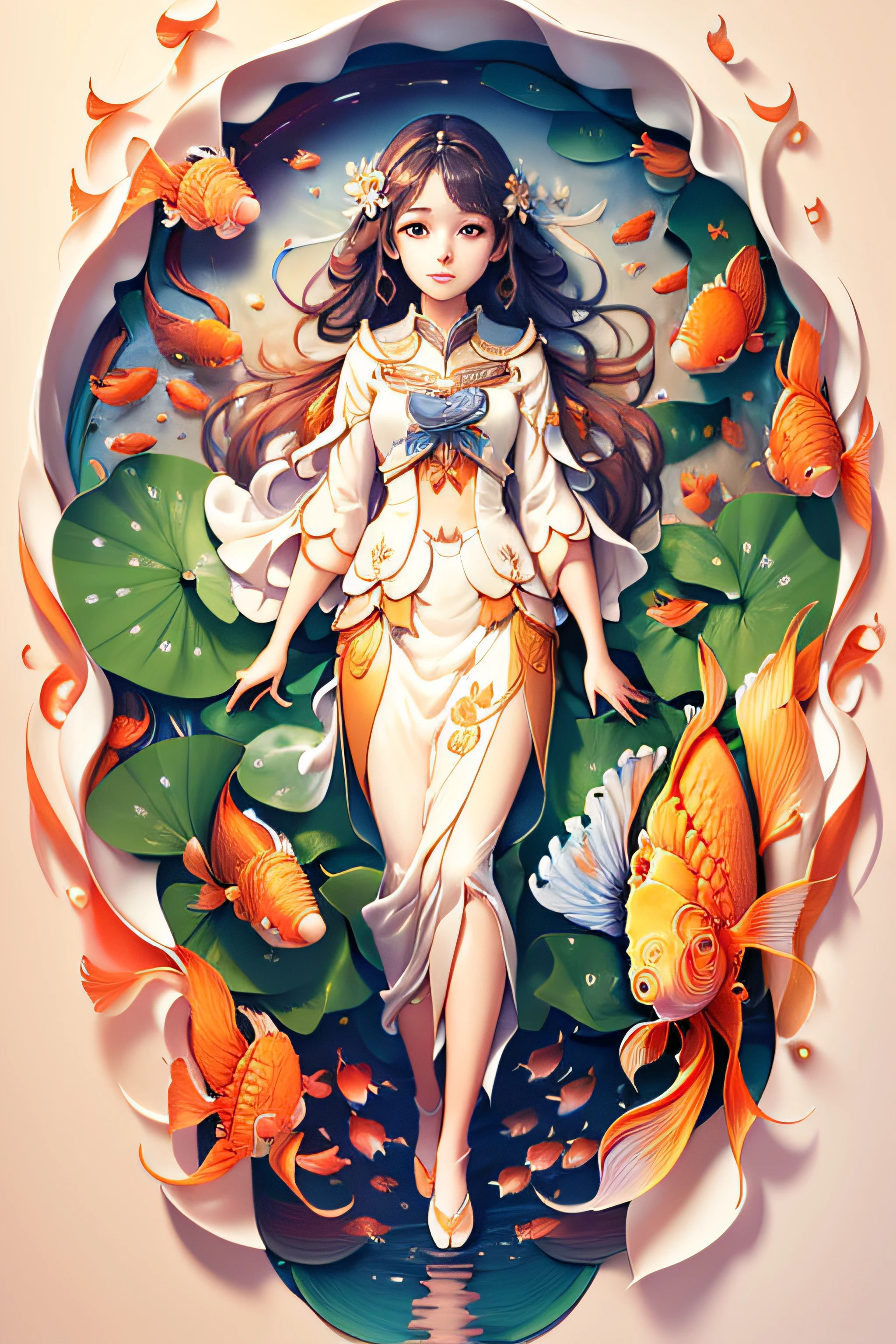 ((Masterpiece)), Best Quality, Illustration, Beautiful Details Glow, 1 Girl, Solo, Full Body, Colorful, White Cloth, (Water), Lotus, (Goldfish), Unified 8k Wallpaper, Detailed, Beautiful and Aesthetic, Very Detailed