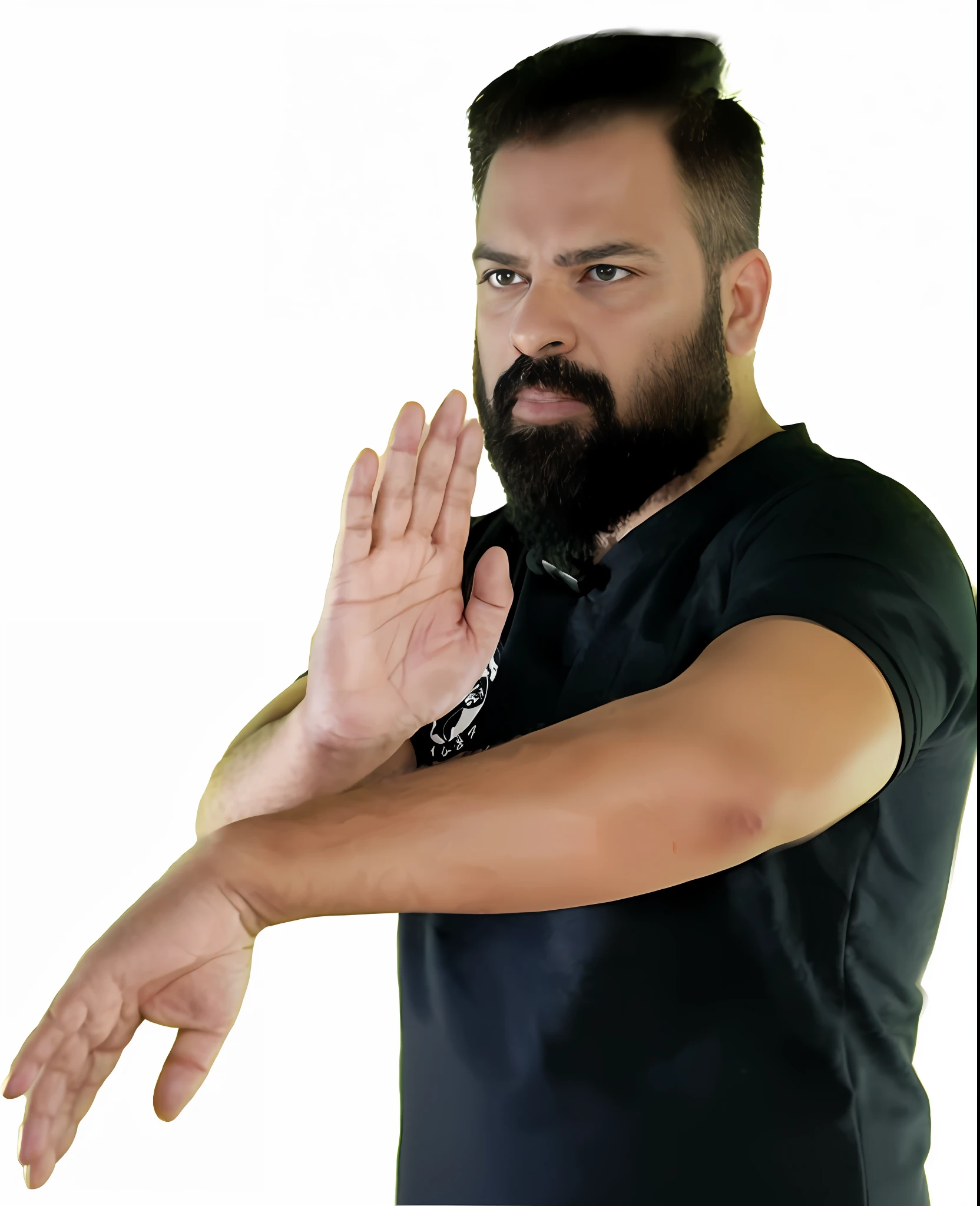 there is a man with a beard doing a hand gesture, man standing in defensive pose, confident action pose, in the style of sifu 🔥 😎 🕹️ 👀 :2, martial art pose, scary angry pose, t pose, in an action pose, in a fighting pose, threatening pose, fighting stance, fighting pose, in a fighting stance, battle action pose, detailed face, best quality, high quality, skin indentation, skin pores, textured skin, analog, film grain, detailed eyes, 8k, uhd, 8k uhd, (cinematography:1.2), (photorealistic:1.5), hyperdetailed, heightened detail,