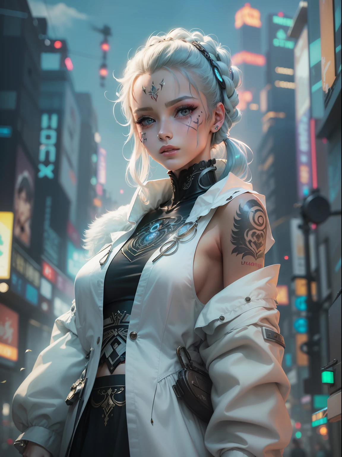(((masterpiece)))、(((top-quality)))、((ultra-definition))、(High Definition CG Illustration)、((extremely delicate and beautiful))、Cyber City、Cinematic Light、Girl with shearing hairstyle、Unconventional、2080s、animesque、girl with、facepaint、face tattoos、trending on artstationh、Rachel Walker