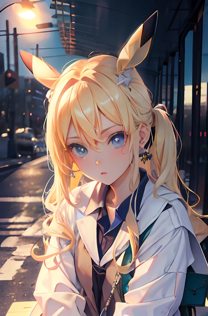 1girll, blond hairbl, 校服, Hair wears a huge Pikachu earring ，Bigger，It is natural to sit on the bench, Wait for the bus, Bus stop, urban backdrop, perfect  eyes, perfect hand, 超高分辨率, Movie Angle, Professional lighting, best qualtiy, tmasterpiece, Sideslit, Sharp, Perfect focus，Background bokeh，realisticlying，（Delicate eyes：1.3），realisticlying，（3D脸：1.1），（Glow skin：1.5），（Ultra-high resolution complex facial details），（Facial skin pores：1.3），Ultra-high ress fabric texture，8k eye details，8K pupils，