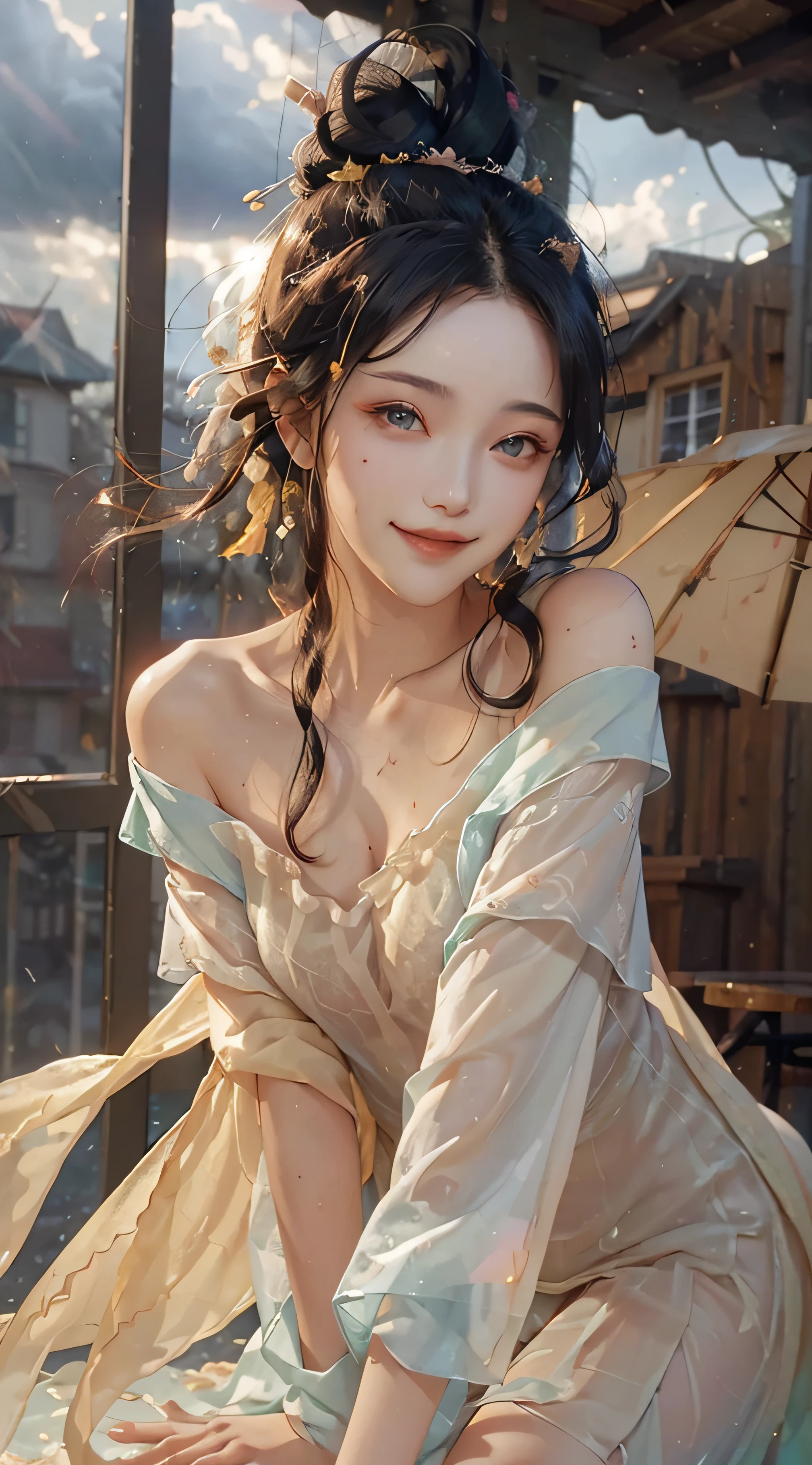 ((2 arms)), (2 legs)), ((off-the-shoulder)), (seductive)), (charming)), (beautiful detailed face))), ((messy hair)), ((smile)), (gradient eyes)), transparent raincoat, stormy