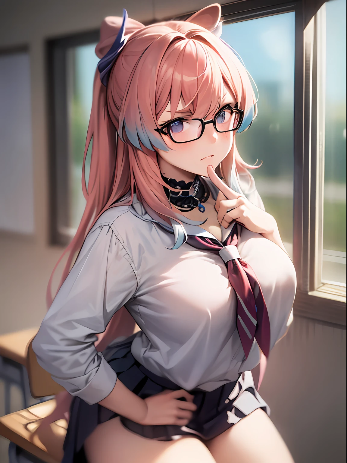 masterpiece, best quality, ultra detailed, hyper realistic, photo),delicate pattern, detailed background, uncensored completely, cowboy shot,  japanese girl, class room,
school uniform, loose collar, skirt, looking over eyewear,
hair between eyes, pink hair
put up index finger and one hand on hip,  angry with puffed cheeks,
from above, leaning forward,