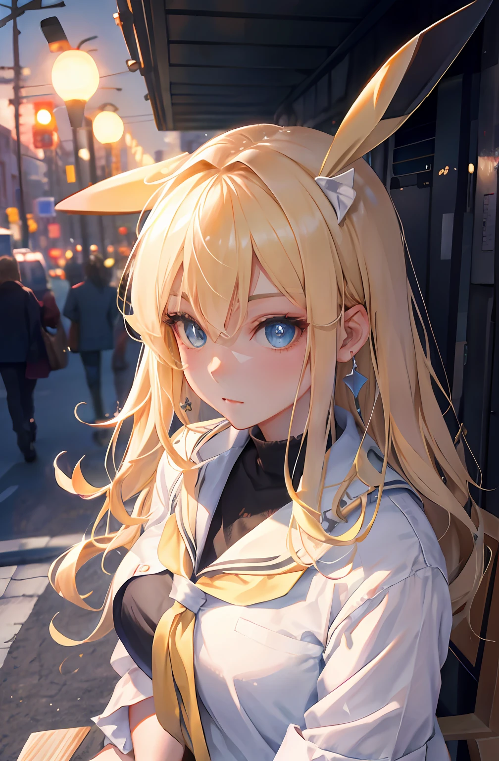 1girll, blond hairbl, 校服, Hair wears a huge Pikachu earring ,Bigger,It is natural to sit on the bench, Wait for the bus, Bus stop, urban backdrop, perfect eyes, perfect hand, 超高分辨率, Movie Angle, Professional lighting, best qualtiy, tmasterpiece, Sideslit, Sharp, Perfect focus,Background bokeh,realisticlying,(Delicate eyes:1.3),realisticlying,(3D脸:1.1),(Glow skin:1.5),(Ultra-high resolution complex facial details),(Facial skin pores:1.3),Ultra-high ress fabric texture,8k eye details,8K pupils,