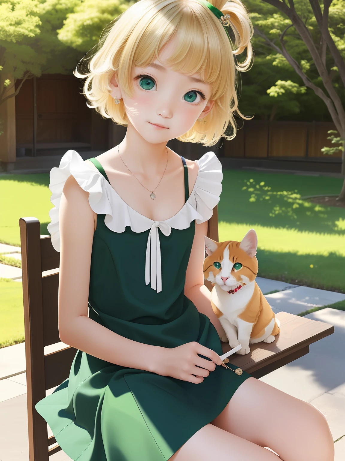 (girl with、独奏、a junior high school student、blondehair、short-hair、Shaggy、hair adornments、Dark green eyes、small tits、cute face)、masterpiece、best qualtiy、ultra-detailliert、Short sleeve sleeveless dress