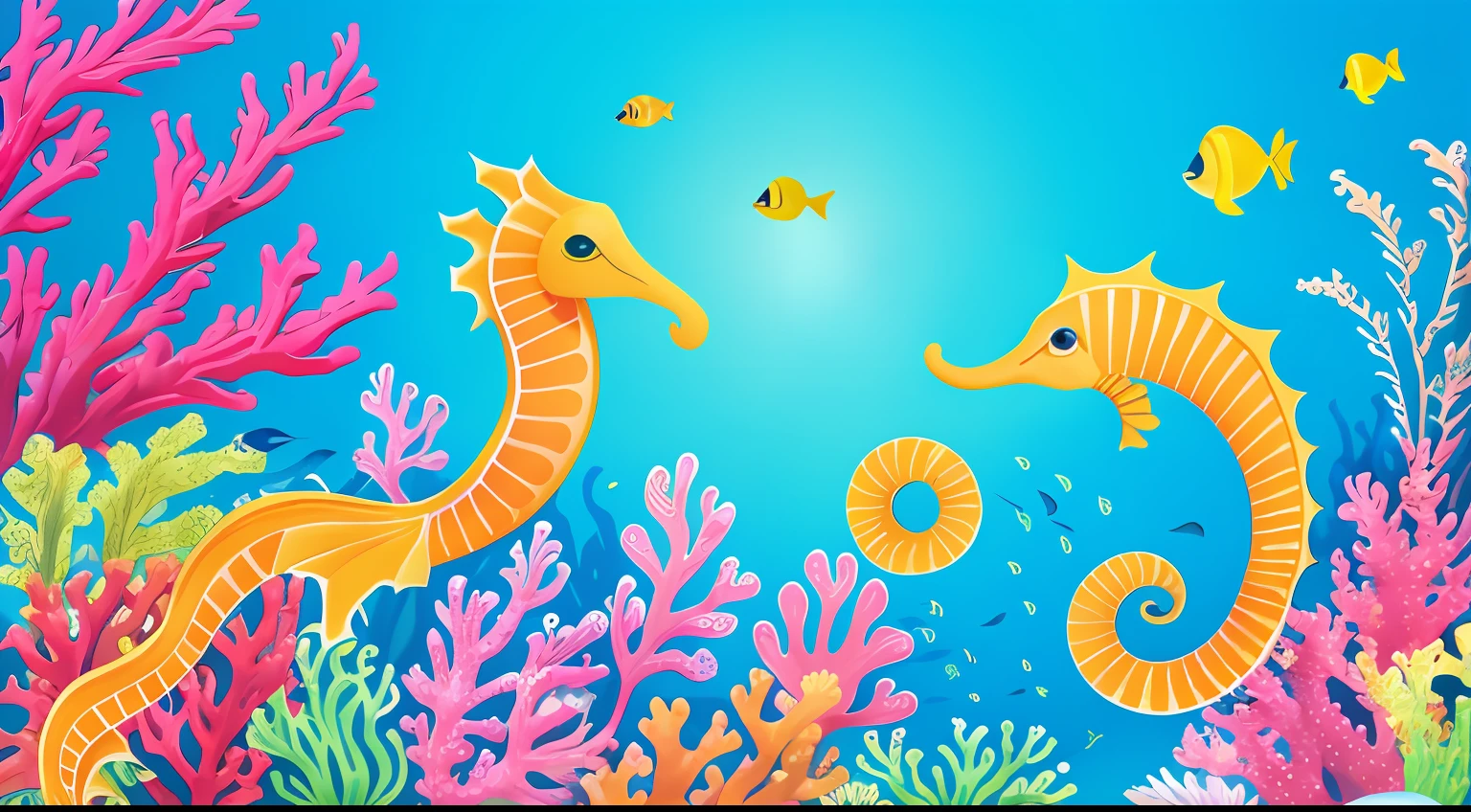 Illustration of two seahorses with coral and fish in the ocean, sea horse, sea horse, sea horse, tropical sea creatures, Marine life, The mermaid rides a seahorse, underwater sea dragon, Sea Dragon, Who was born from the sea, the reef, marine animal, Colorful illustration, Panoramic hippocampus, the reef, Marine life, amazing depth
