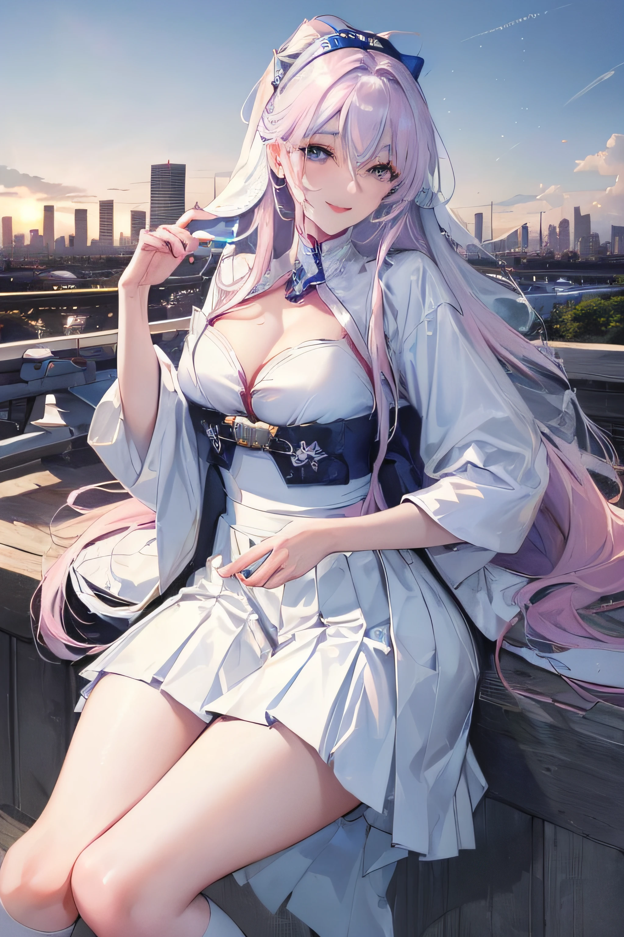 official art, masterpiece, sharp focus, (beautiful gorgeous cute Korean woman:1.3), (beautiful cute korean:1.3), korean beauty, Delicate and beautiful hair and eyes and face, realistic, ultra detailed, beautiful girl, blue sky, glow white particle, (sidelighting:1.2), sun light, white cloud, detailed clouds, slender, Lovely very large breasts and very large hips, smile with teeth, ((smile with eyes, open both eyes)), scenery, long straight hair, sexy facial expression, building, (cityscape:1.7), dynamic hair, long straight hair, detailed platinum pink hair, glow blue eyes, (blue pleated shirts + white skirt), white long socks, pale skin, hair ornament, epic scenery,