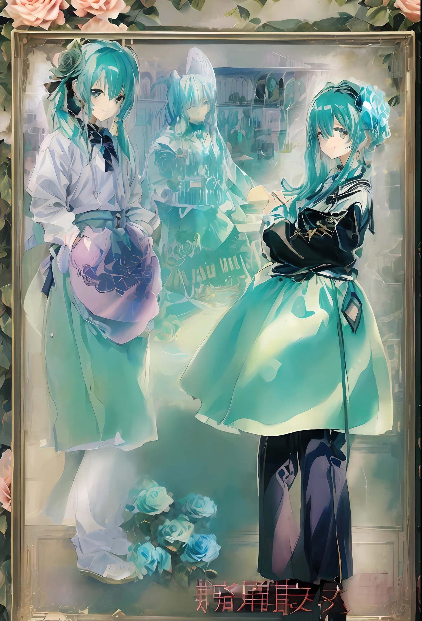 background flat color, background flat White color, plump chest, good-looking, always the same clothes, (masterpiece, ultra high res, best quality:1.1), 8K,high quality,extremely detailed, (Angel wings、😇、a smile、😌🥰Archaic Smile).hyper realstic、Ultra-realistic、Depiction of the human body without distortion、Monna Lisa、Woman in the Arms、Near and far law、Three-dimensional、Contemporary painting、moderno、world masterpiece、collection、Homage to the art or artist work of Picasso and Renoir, Not sentimental、Excellent portrayal、Gentle expression、More detailed character faces, Serious competition、Compositions like paintings、(Konmutsuki_Gacha_Series 1, punk_rosette), Realistic、Delicate brushwork、aqua color flowers, (Full body, elegant flowers background)