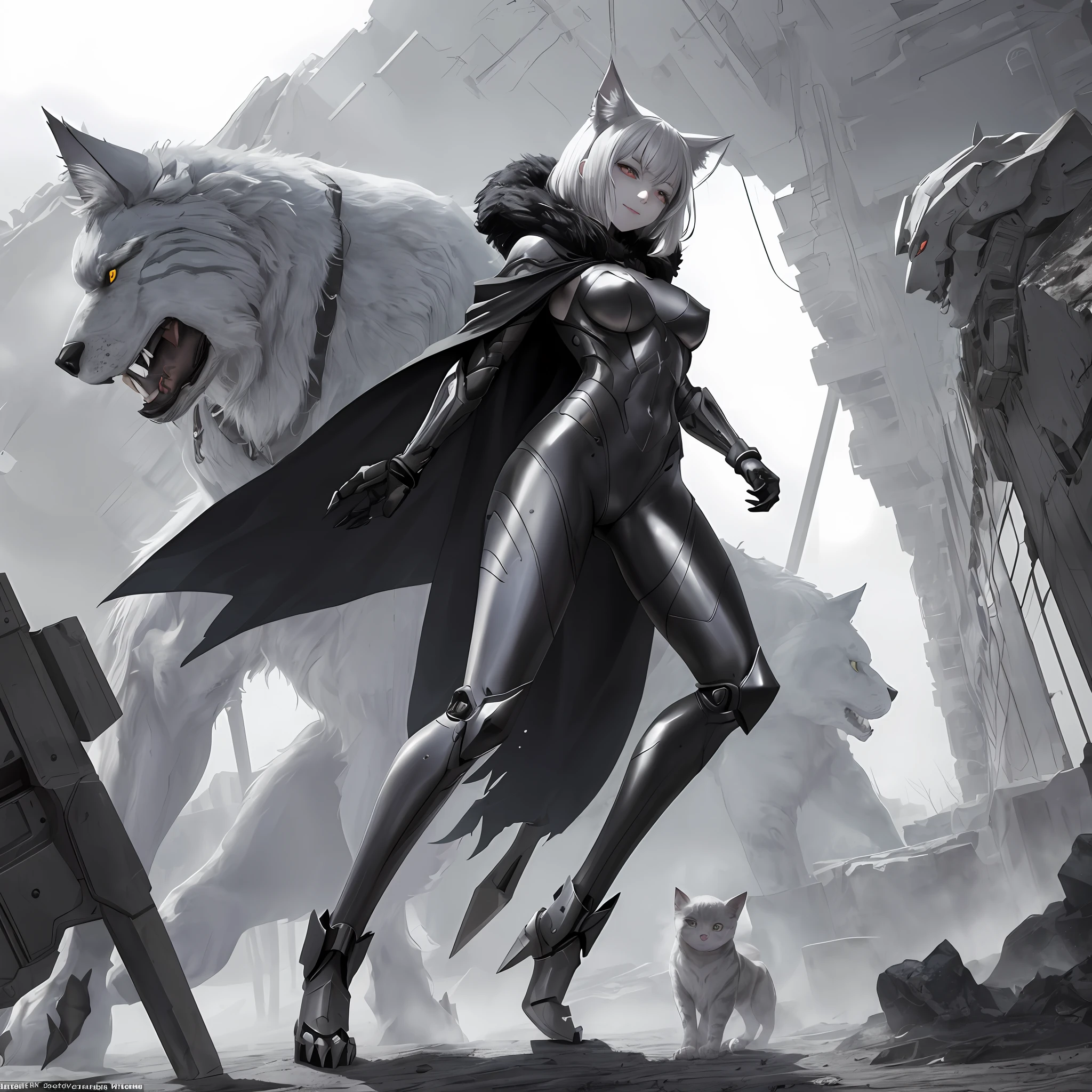 [In full figure], which are full of confidence, Strong-willed woman from the desolate future of 2182. Her sharp, exquisitely drawn eyes speak of her thirst for survival, Her subtle manga-style smile is、Fought while hiding the scars of the battle. Slender figure, She wears a rugged cloak with fur on it, Combat attire appropriate to the nature of werewolves. Silver smooth angle bob、Cat's ears flow seamlessly with her movements, Emphasize her agility. She time-traveled to 2082 to change the future, We decided to turn the tide to the war. Equipped with aggressive and characteristic large claws on both hands