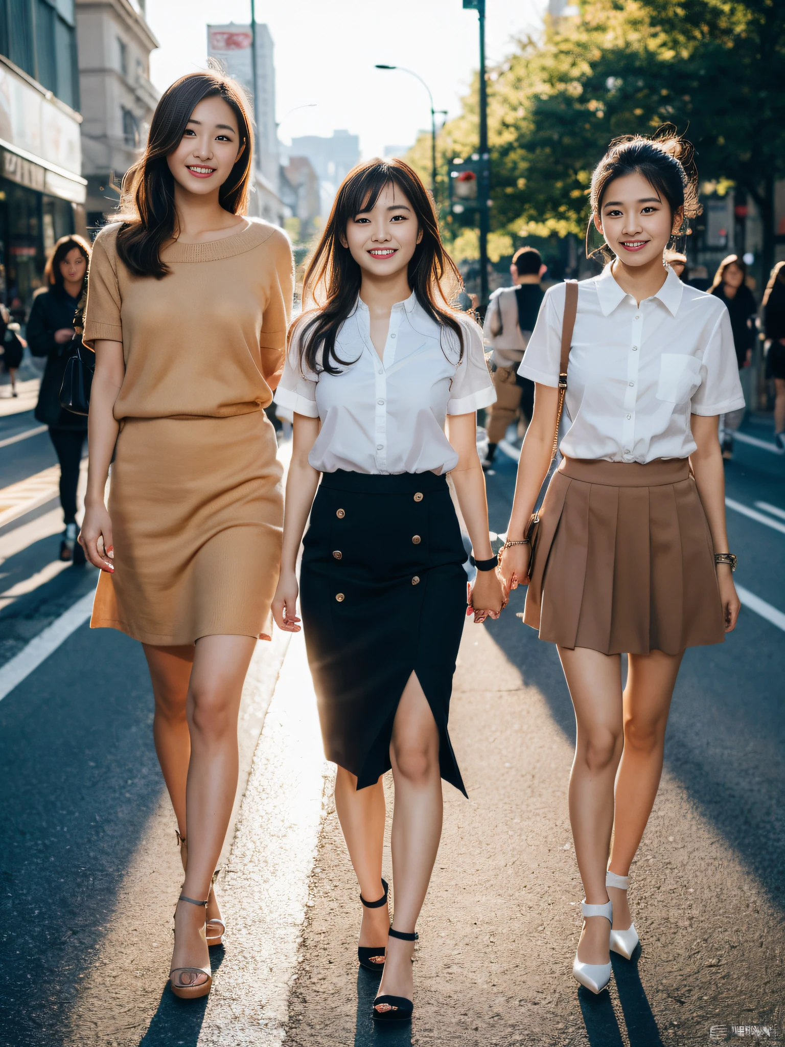 ,(RAW photo:1.2), (Photorealistic:1.4),Beautiful Meticulous Girl, very detailed eyes and faces, Beautiful detailed eyes, ultra - detailed, A high resolution, The is very detailed，best qualtiy，1个Giant Breast Girl，tmasterpiece，Stylish short sleeves，a skirt，illustratio，The is very detailed，unified，8k 壁纸，finely detailled，tmasterpiece，best qualtiy，Unity8k wallpapers，light in face，cinmatic lighting, 1个Giant Breast Girl，16 yaers old，(Camel toes)，(full bodyesbian)，are standing，鎖骨，Stylish clothes，short  skirt，Long legs，high-heels，the street，城市，rays of sunshine