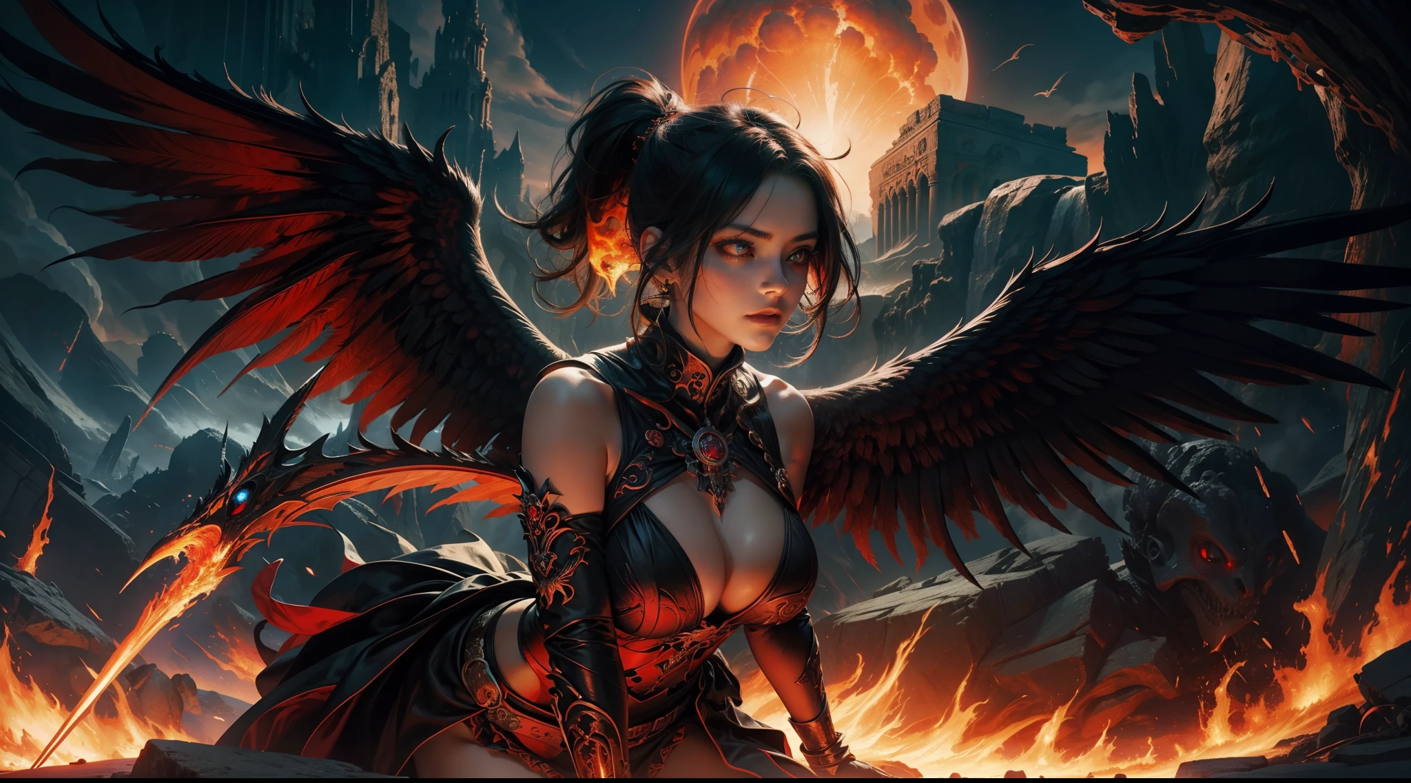 (Award-winning digital artwork:1.3) af (sketching:1.3),(with dynamism:1.3),(Saturation:1.3),(Close portrait:1.3),(femele:1.4),(big breasts beautiful: 1.4),(carismatic:1.3),angelicales,Red eyes,Bright magic,volcanoes,Large breasts,complex patterns,Film filter, ,dramatics,dynamicposes,illusory engine, (High detail: 1.9),mystic symbols,black toga,massive wings,Black wings,red color eyes,Arrogant look,molten lava,Burning longsword,The background has huge eyes