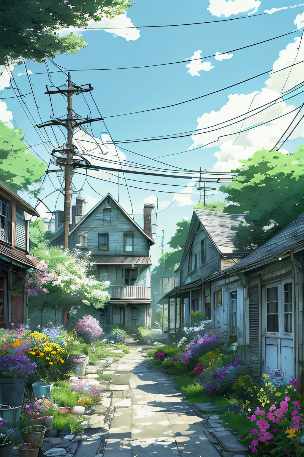 very cozy little place, hyper realism, (anime Makoto Shinkai:0.4), old shabby house in city street, home wiring, outdoors, sky, cloud, day, scenery, tree, blue sky, building, sign, wires, railing, wide shot, utility pole, town, wilderness, flowers, a lot of utensils lying around in a mess