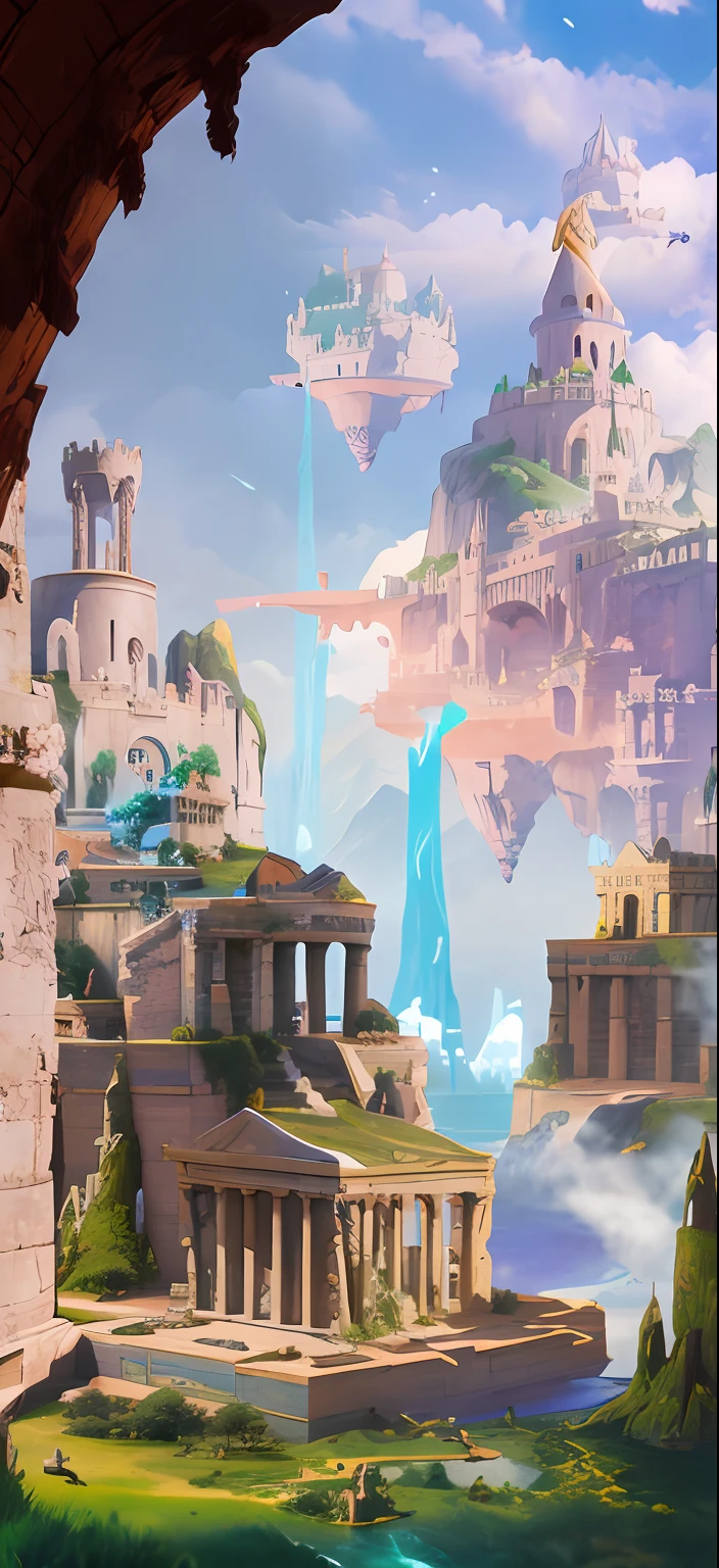There is a picture of a city painting with a castle, matte painting arcane dota pixar, Stylized concept art, near crystal temple in atlantis, greek fantasy landscape, atlantis background, greek fantasy panorama, painterly concept art, lost city of atlantis, very coherent stylized artwork, game screenshot, pc screenshot, fantastic screenshot art, beautiful screenshot