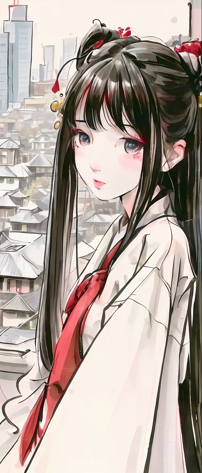 (Masterpiece, best quality), intricate details, 8k, artstation, wallpaper, official art, splash art, sharp focus,
1 girl, Ayane Nakiri, long hair, double tails, red eyes, white hair,
 spider set, cobweb print, cobweb, 
skyscraper, city, buildings, car, street,