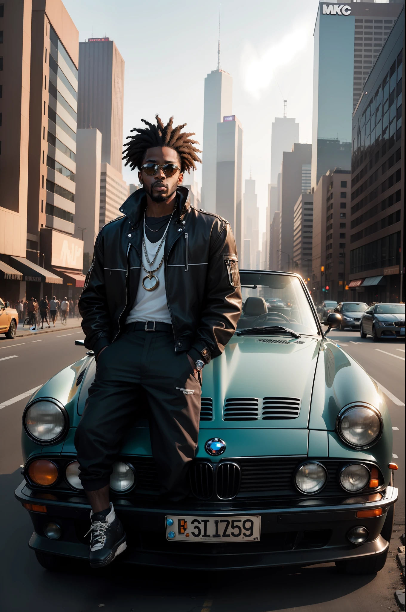 Black rapper drives a vintage BMW convertible through the streets of a futuristic megacity at daybreak.