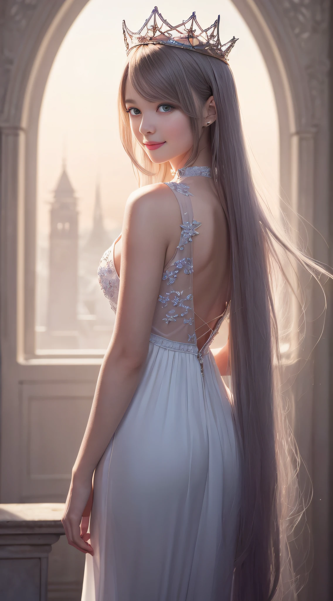 ( smiling fine silk transparent looking backwards)) Girl with long white hair and dress with flowers, digital art inspired by Ai Xuan, trend in CG society, fantasy art, (((beautiful fantasy queen)), ethereal beauty, beautiful fantasy queen, 8k high quality detail art, beautiful fantasy anime, ethereal fantasy, beautiful young wind spirit, guweiz, cgstation trend