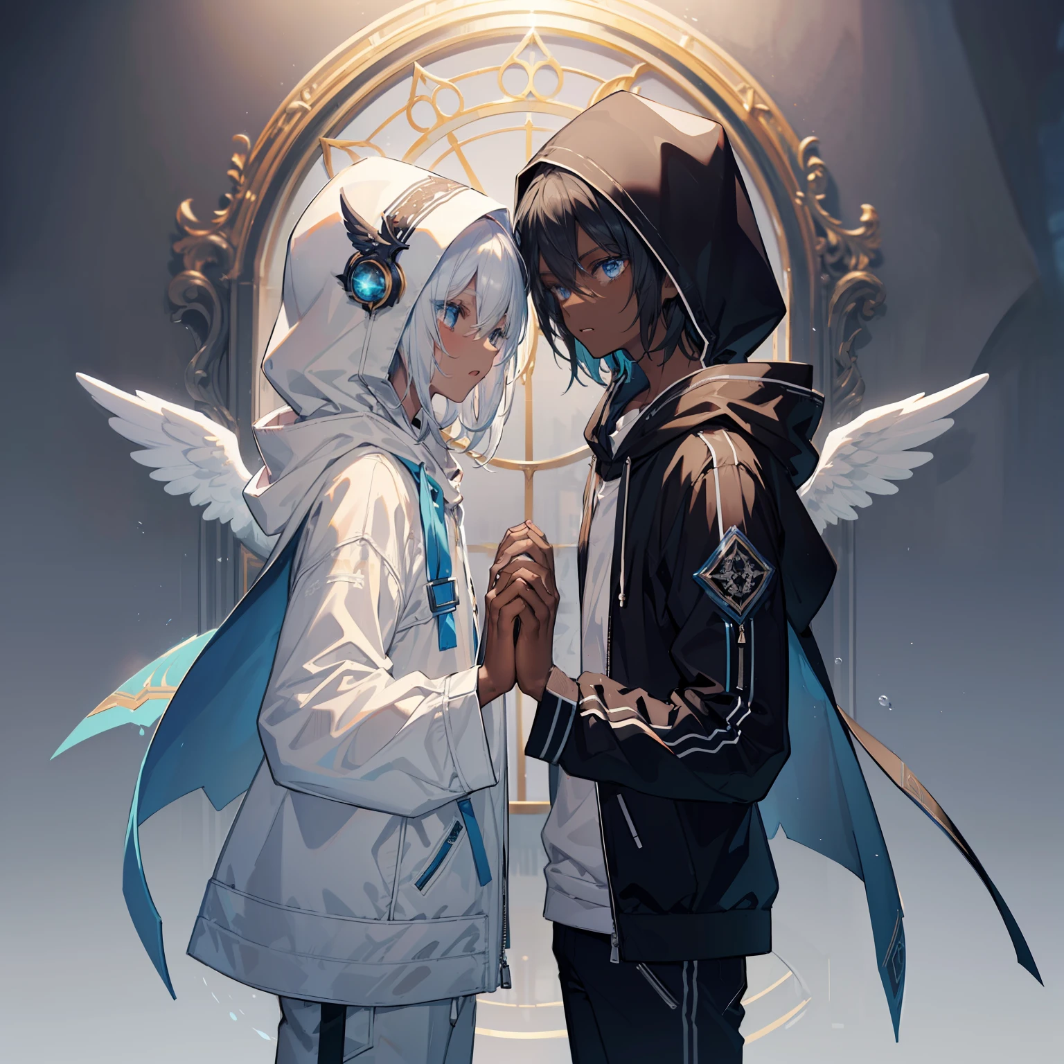 Masterpiece, highest quality)), detailed face, full of details, highly detailed, depth, many parts, 2boy, young male, blue eyes, ((dark skin)), angel wings, water, white pants, blue hooded jacket, long sleeves, hood on head, wearing hood, short black hair, closed mouth, holding hands, magnetvocaloid