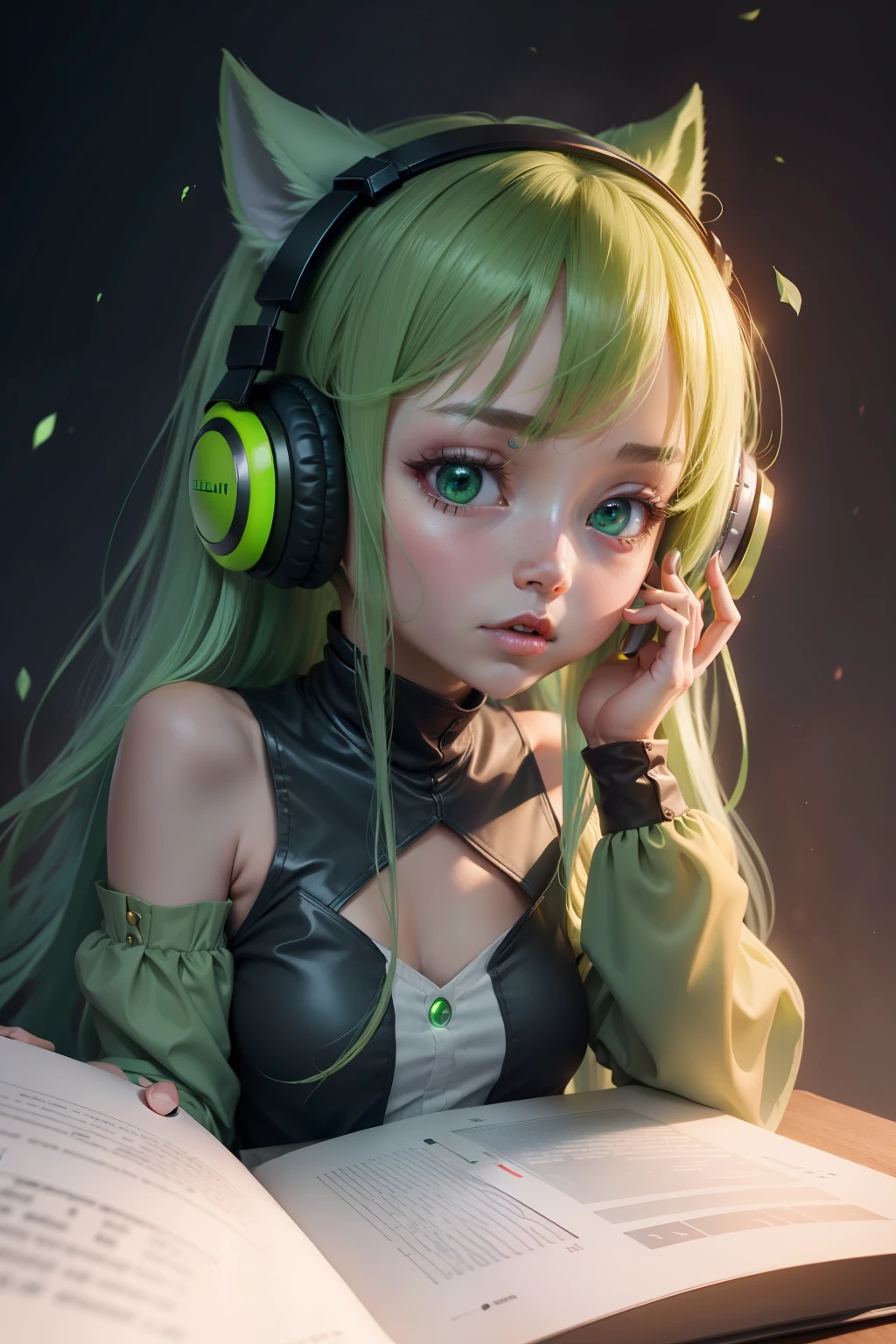 Alien girl wearing headphones、green colored skin、Holding a book、Elf ears、F,com mascot,adolable,HighestQuali