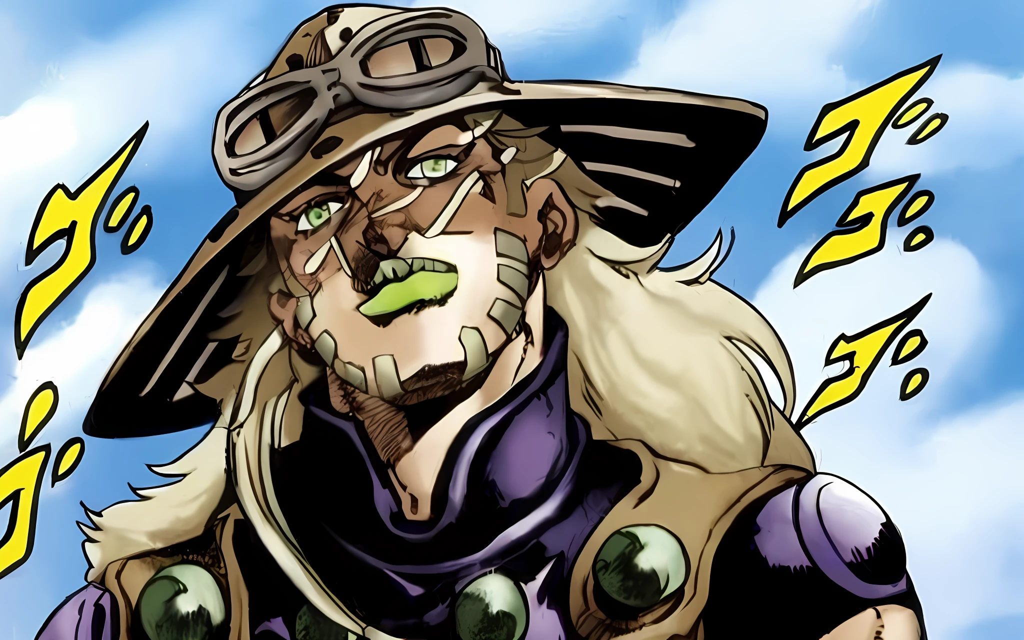 Close-up of cartoon character wearing hat and goggles, gyro zeppeli, dio brando, Joseph Joestar, in jojo\'s bizarre adventure, jjba, jojo's bizzare adventure, JOJO\'s bizarre adventure, jojo anime style, jojo's bizzare adventure!!, Jojo has a fantastic adventure, jojo's bizzare adventure!!!!