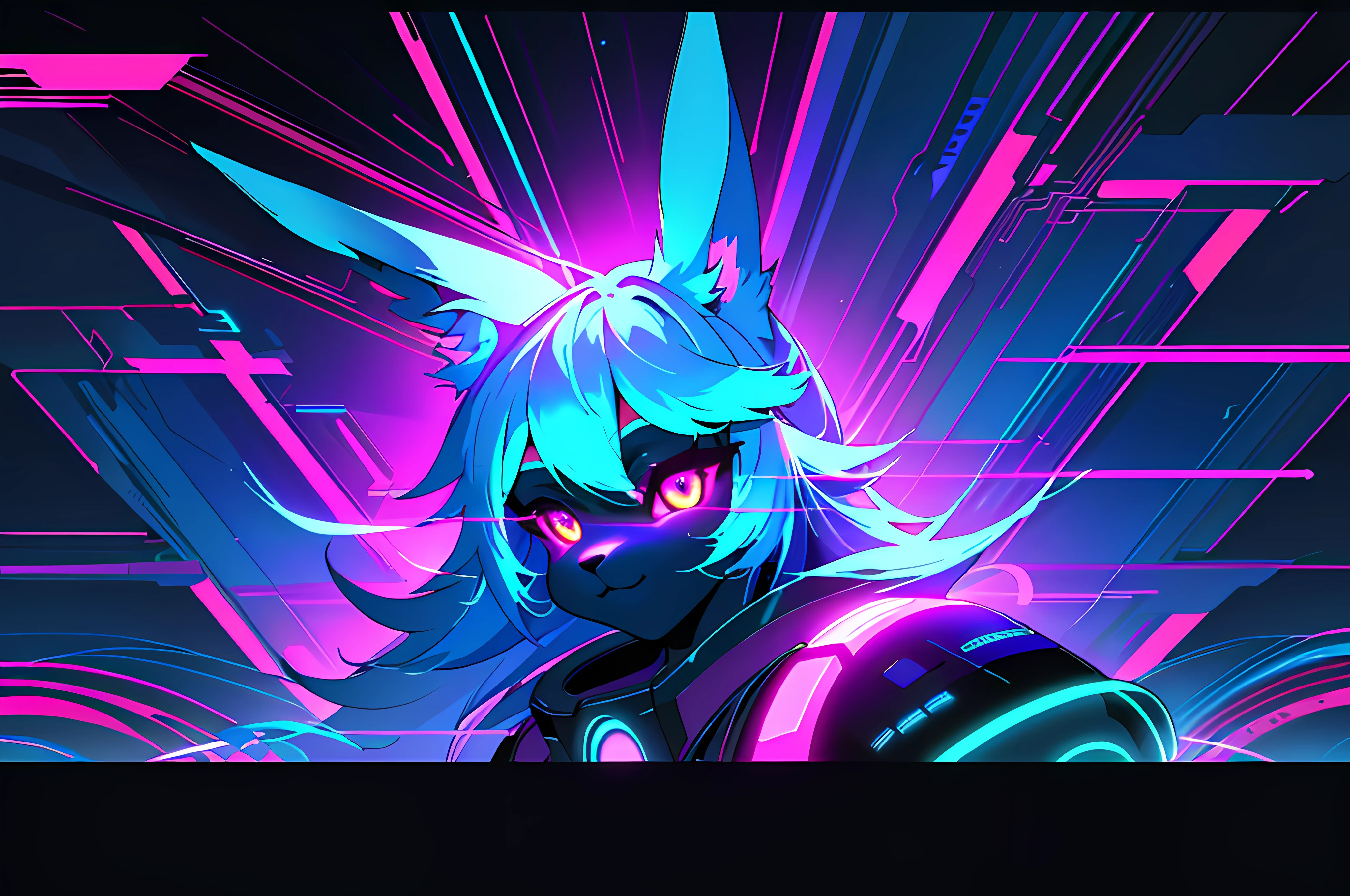 (vintage vhs), (crt screenshot), (Zen, Amy Sol style),  (((blue anthro kemono furry rabbit))), underground cavern shining flashlight in old ruins, scene from a show about a blue anthro furry kemono rabbit who investigates deep space crime, (vast decrepit scenery:1.2) blame! style, nightmarish illustration, glowing eyes everywhere, intense eye contact, hybrid human / anthro, electrixbunny, rabbit anthro portrait, ((portrait)), bunnypunk, weirdcore voidpunk fursona, wearing bunny ears, cover art with light abstraction, abstract, simple vector art, contemporary Cybernetic art, color gradients, soft color palettes, layered forms, whimsical animation, style Ethereal abstract, 4K, --v6