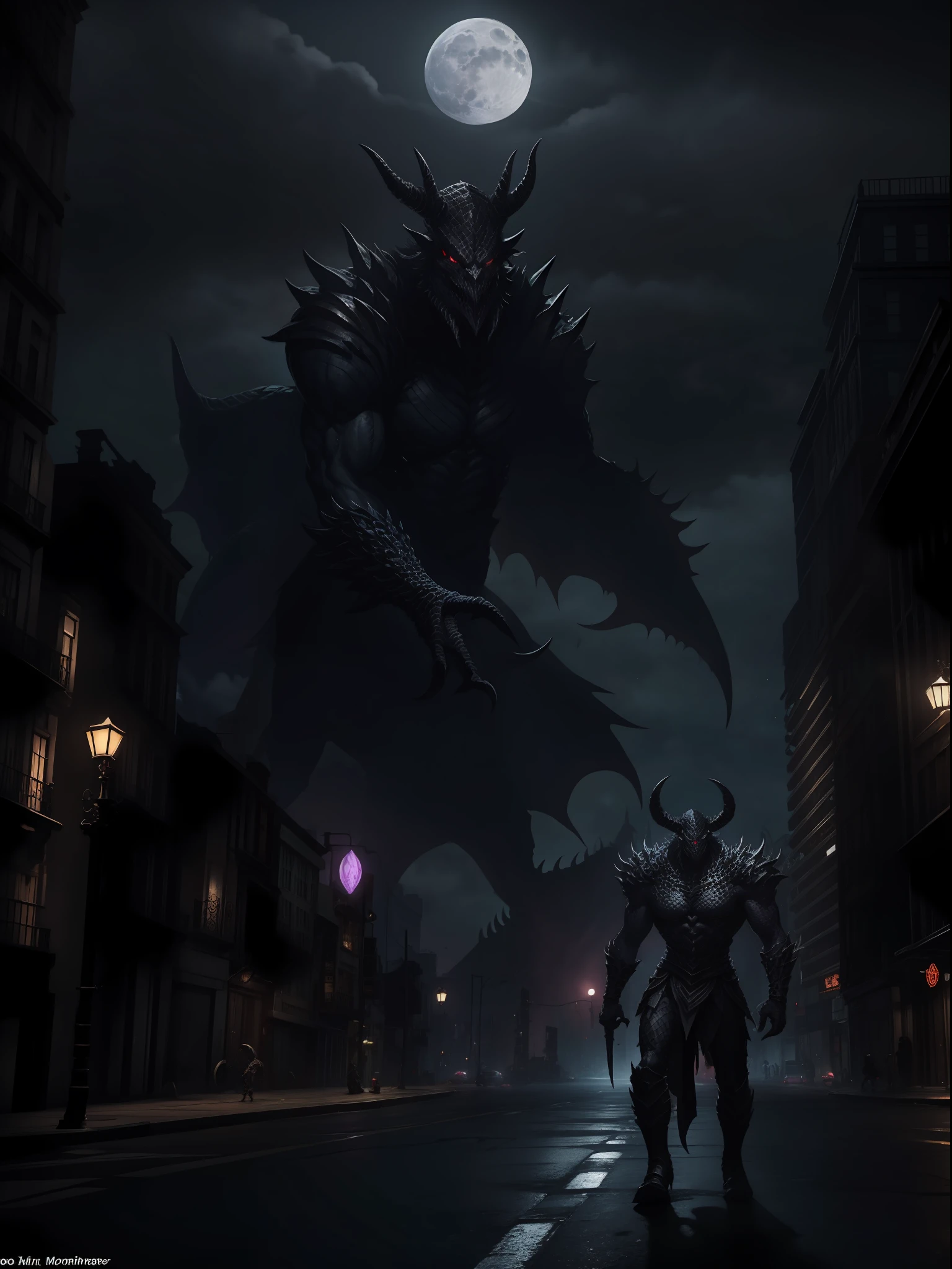 Black-scaled demon monsters towering over the city streets，The moonlight shines brightly