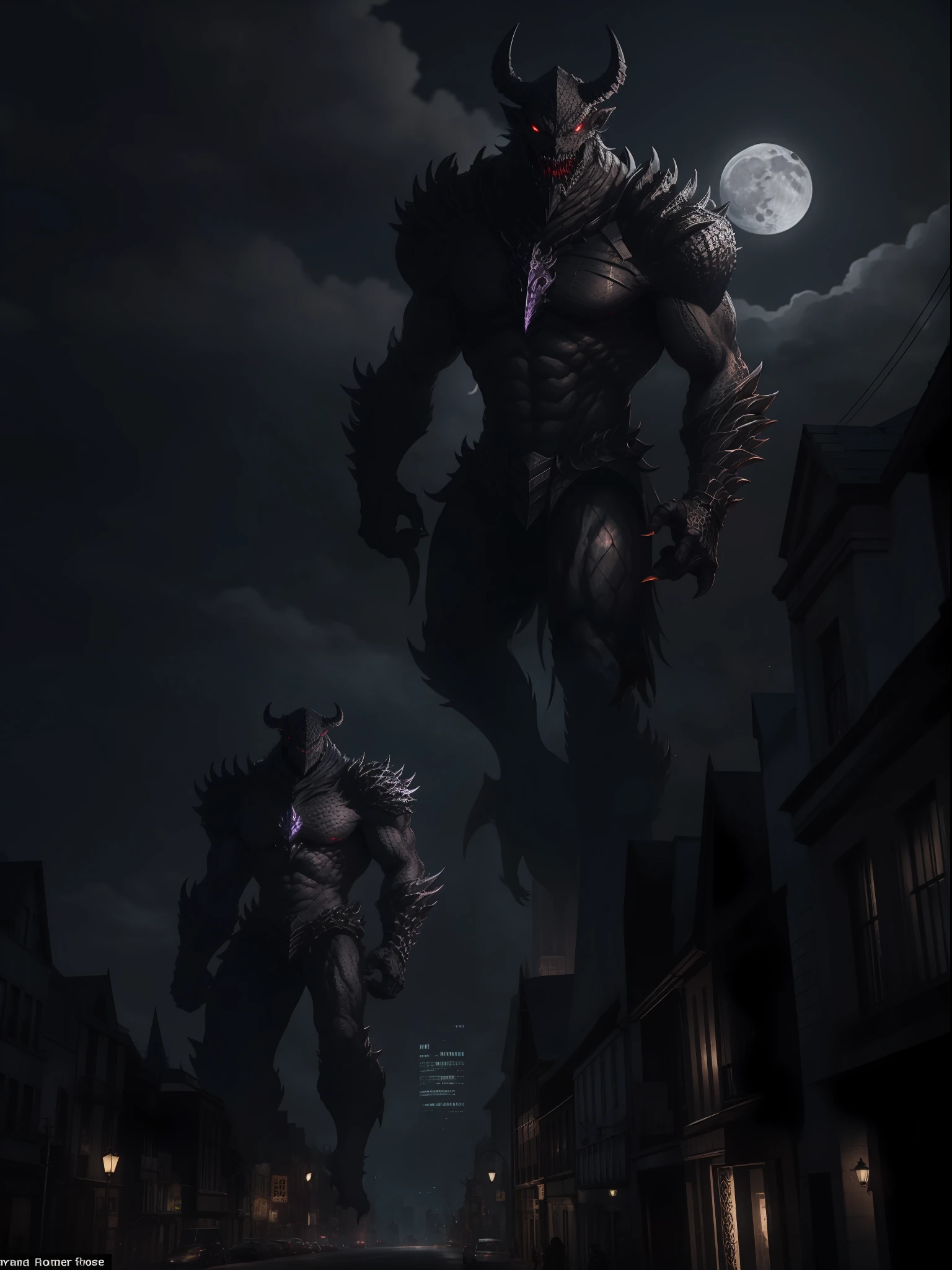 Black-scaled demon monsters towering over the city streets，The moonlight shines brightly