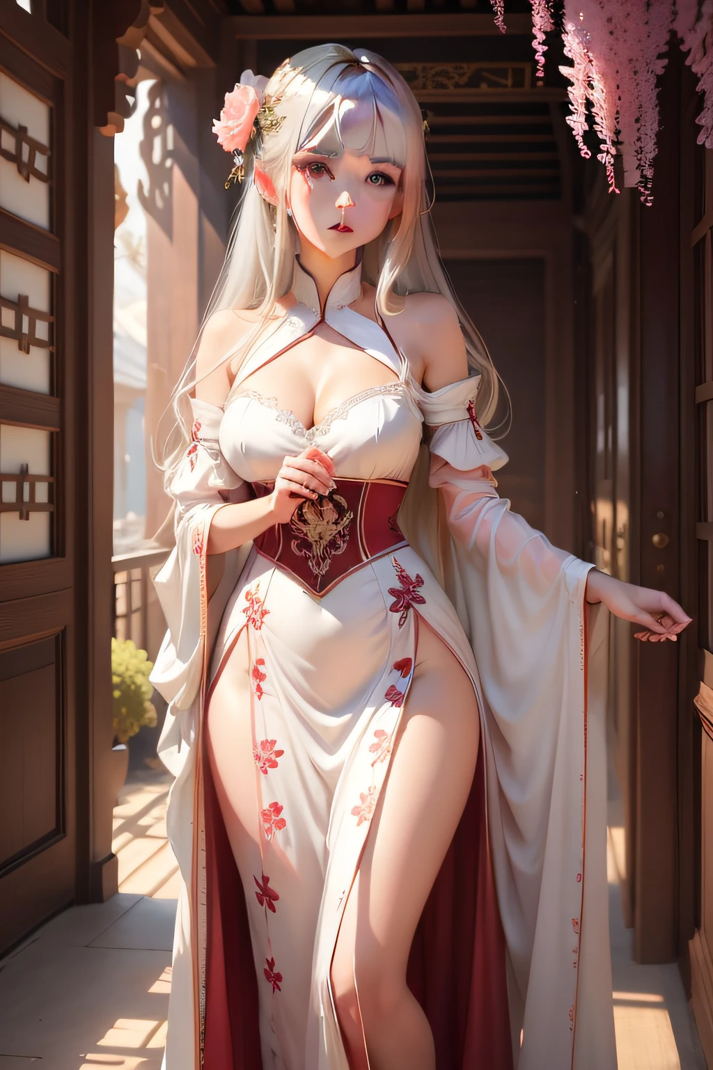 There is a girl in a green dress, plum blossoms, palaces, oriental architecture ray tracing, {best quality}, {{masterpiece}}, extremely detailed 8K wallpaper, {an extremely delicate and beautiful}, colorful, intricately detailed, Realistic, real, camera quality, (detailed depiction of clothes), cool white skin, (detailed depiction of blush), 1080p, sun, soft cuteness, smooth light silver hair, messy beauty, lighting, broken feeling, bright and silky skin , 3D stereoscopic, masterpiece, best quality, super fine illustration, beautiful eyes, very fine light, fine glow, very fine 8K CG wallpaper, peach eyes, red pupils, an extremely delicate and beautiful girl, 8k Wallpaper, best quality, full body close-up, white long dress, luxurious silky bright red chiffon floodlight (magic, glitter, ultra-thin, soft,) Hanfu