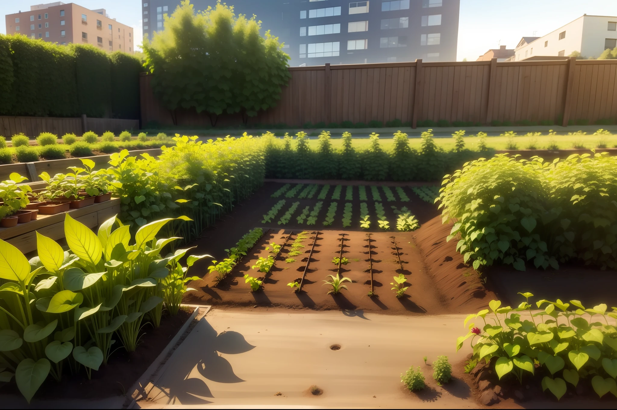 Small yard for growing vegetables,Eye level height,Urban farmland,morningglow,Close-up farewell