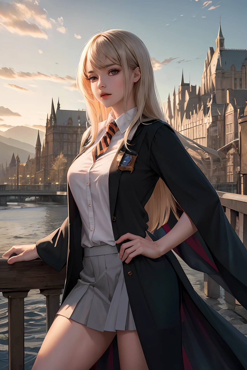 (masterpiece), (best quality), 1girl, beautiful girl, Hogwarts uniform, hogsks, big breast, sexy, Hogwarts background, cinematic, mystery, fantasy