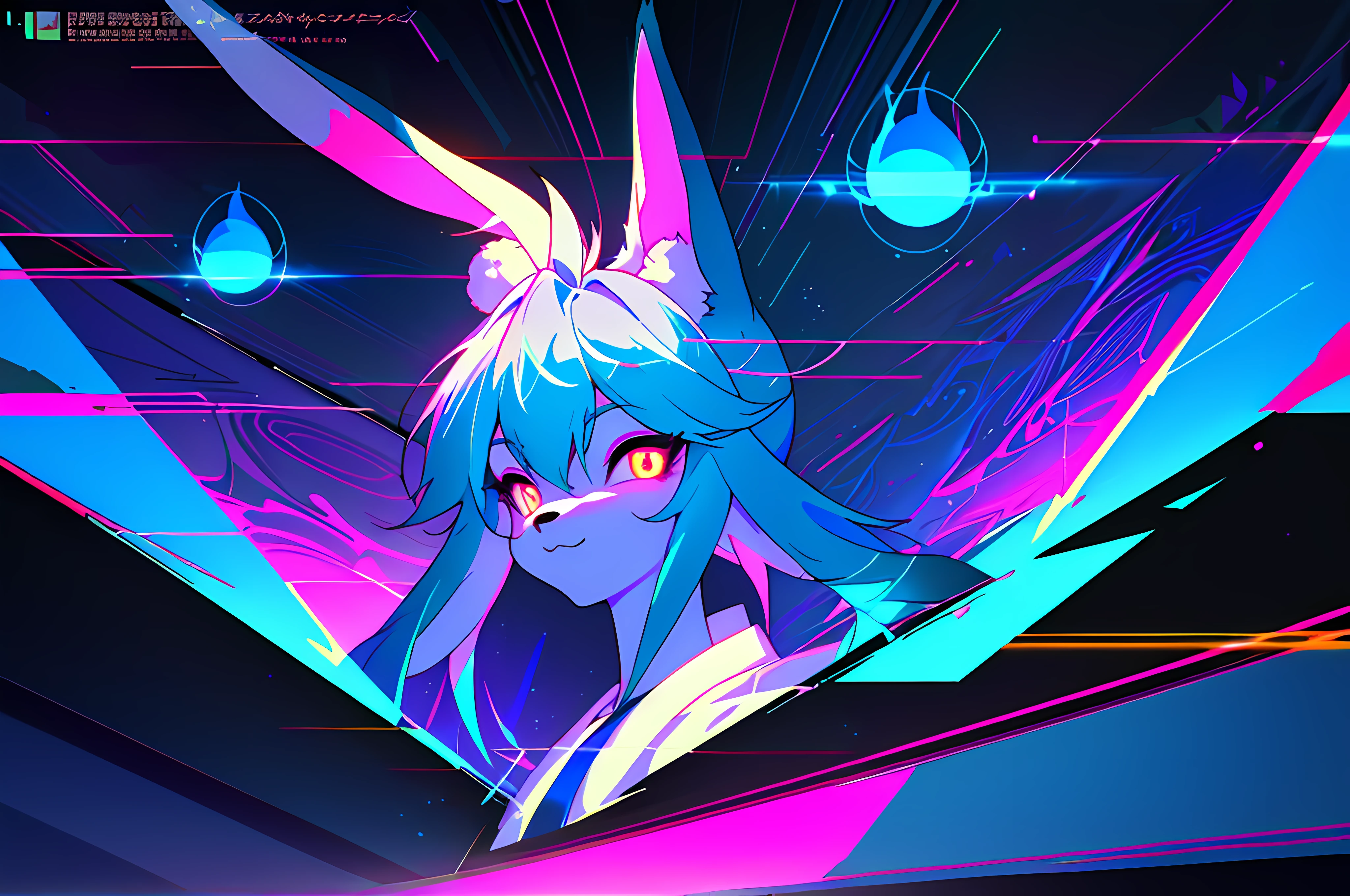 (vintage vhs), (crt screenshot), (Zen, Amy Sol style),  (((blue anthro kemono furry rabbit))), underground cavern shining flashlight in old ruins, scene from a show about a blue anthro furry kemono rabbit who investigates deep space crime, (vast decrepit scenery:1.2) blame! style, nightmarish illustration, glowing eyes everywhere, intense eye contact, hybrid human / anthro, electrixbunny, rabbit anthro portrait, ((portrait)), bunnypunk, weirdcore voidpunk fursona, wearing bunny ears, cover art with light abstraction, abstract, simple vector art, contemporary Cybernetic art, color gradients, soft color palettes, layered forms, whimsical animation, style Ethereal abstract, 4K, --v6