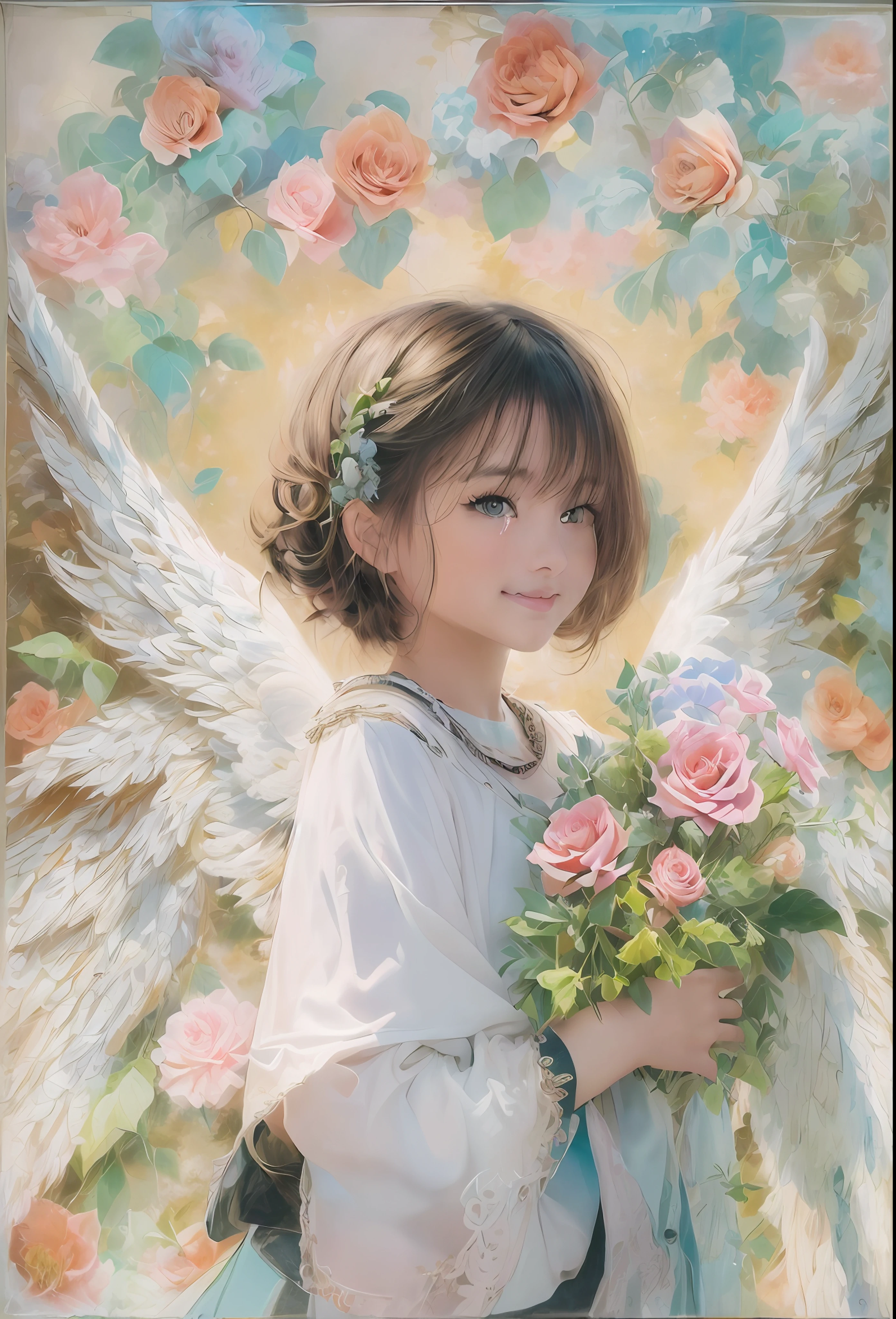 (Angel wings、😇、a smile、😌🥰Archaic Smile).hyper realstic、Ultra-realistic、Depiction of the human body without distortion、Monna Lisa、Woman in the Arms、Near and far law、Three-dimensional、Contemporary painting、moderno、world masterpiece、collection、Homage to the art or artist work of Picasso and Renoir, Not sentimental、Excellent portrayal、Gentle expression、More detailed character faces, Serious competition、Compositions like paintings、(Konmutsuki_Gacha_Series 1, punk_rosette), Realistic、Delicate brushwork、aqua color flowers, (Full body, elegant flowers background)