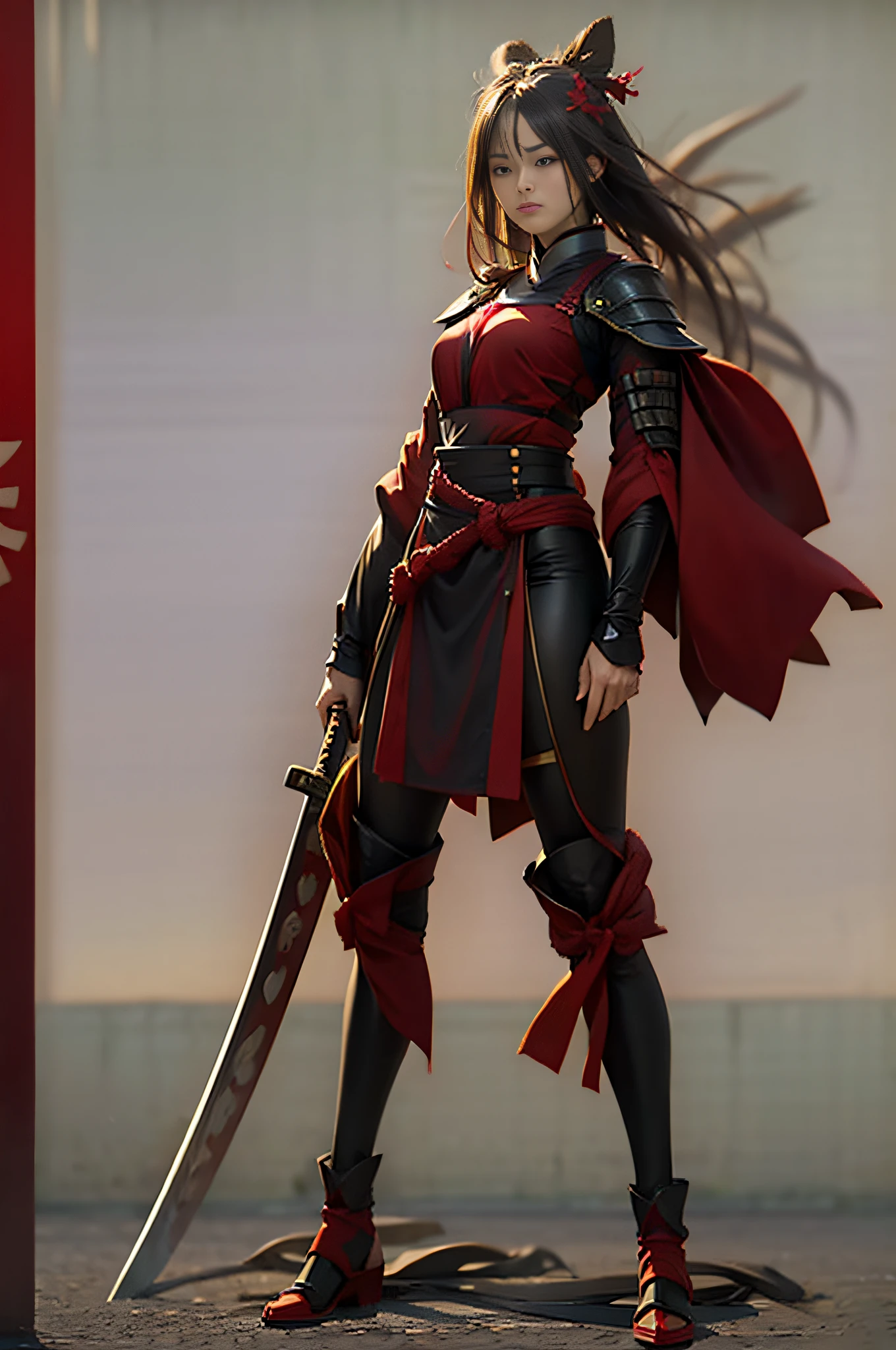 1girl,full bodyesbian,slim,(parks),kabuto,Red samurai armor,Ray tracing,Realistic lighting effects,yamamura,arma,holding a katana,