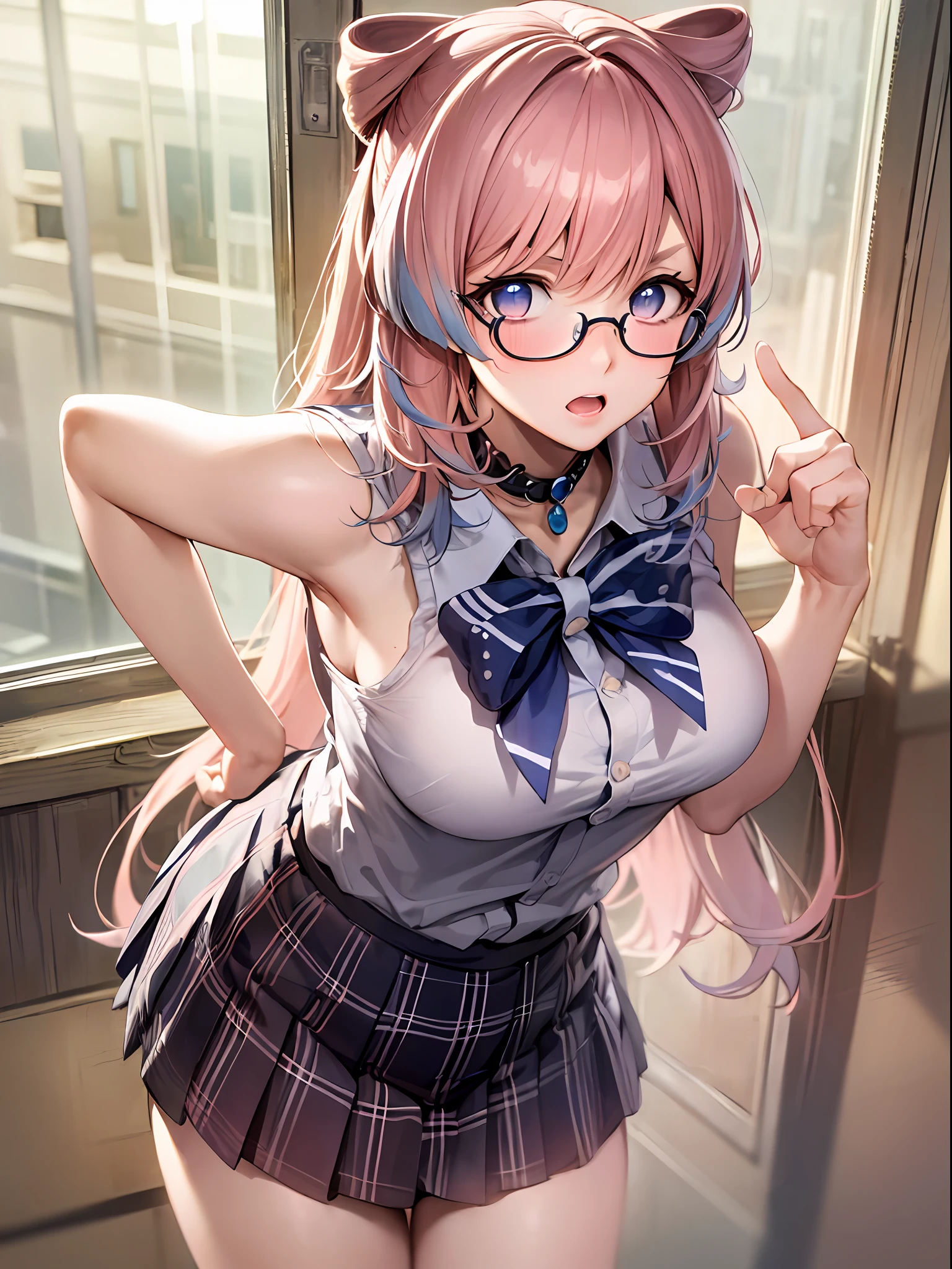 masterpiece, best quality, ultra detailed, hyper realistic, photo),delicate pattern, detailed background, uncensored completely, cowboy shot,  japanese girl, class room,
school uniform, loose collar, skirt, looking over eyewear,
hair between eyes, pink hair
put up index finger and one hand on hip,  angry with puffed cheeks,
from above, leaning forward,