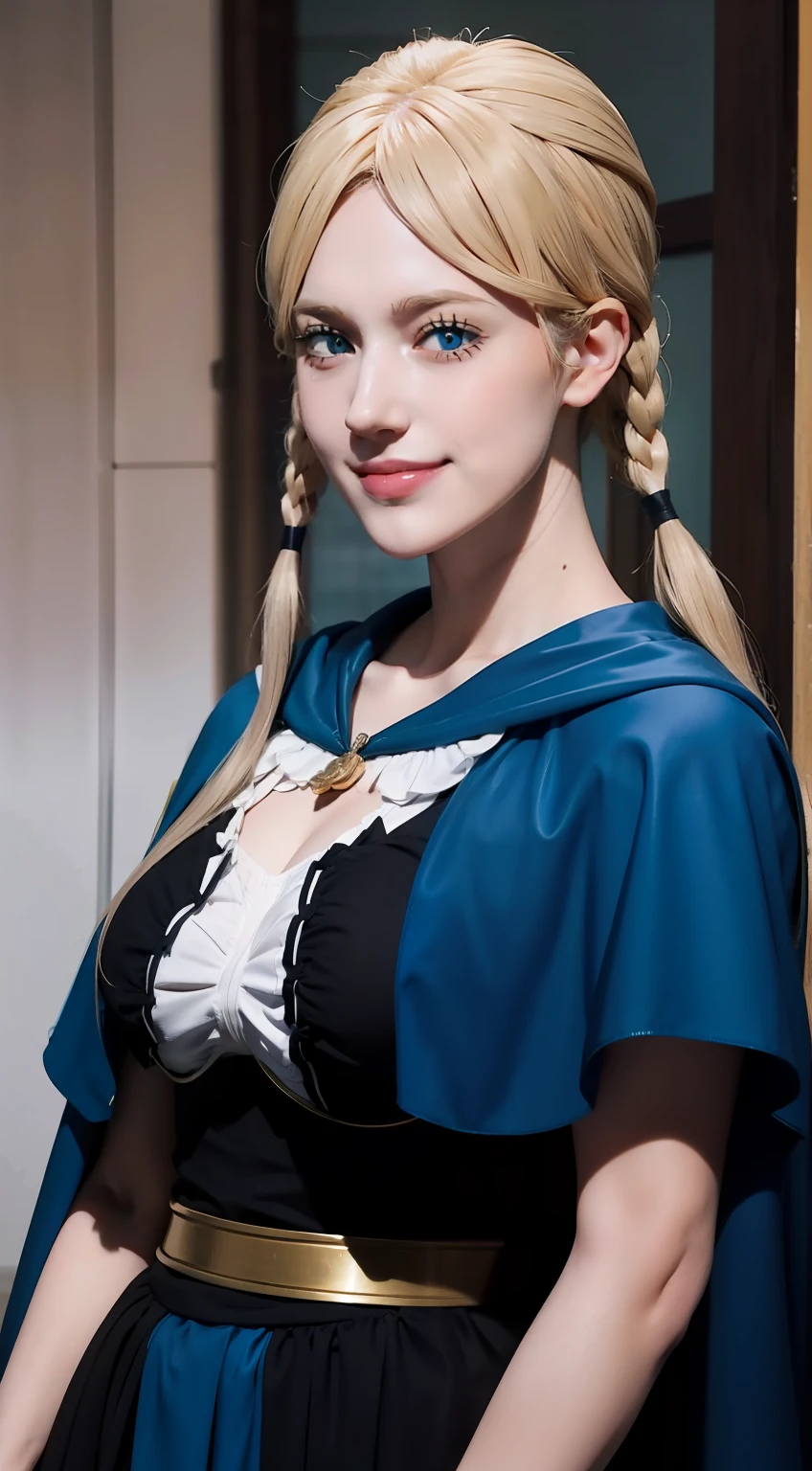 charlotte roselei from black clover anime, blonde hair, long hair, pigtails, beautiful woman, beautiful, one woman, looking at viewer, smiling expression, perfect body, medium bust, full body, wearing blue cape on shoulders