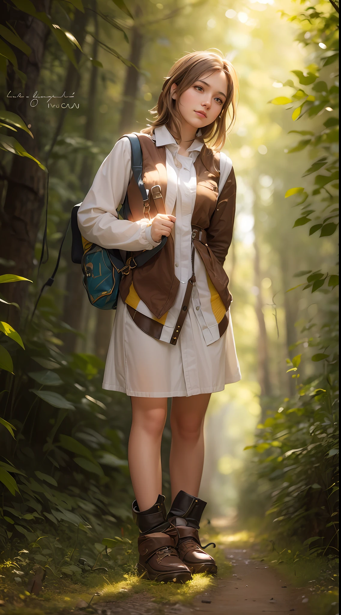 a Hyper realistic image of a 18year old girl wearing a bag holding an Ancient key In a forest, 32k, High Quality, Vibrant colors, global illumination, cinematic Lighting,brown light hair, beautiful background portrait 1.4