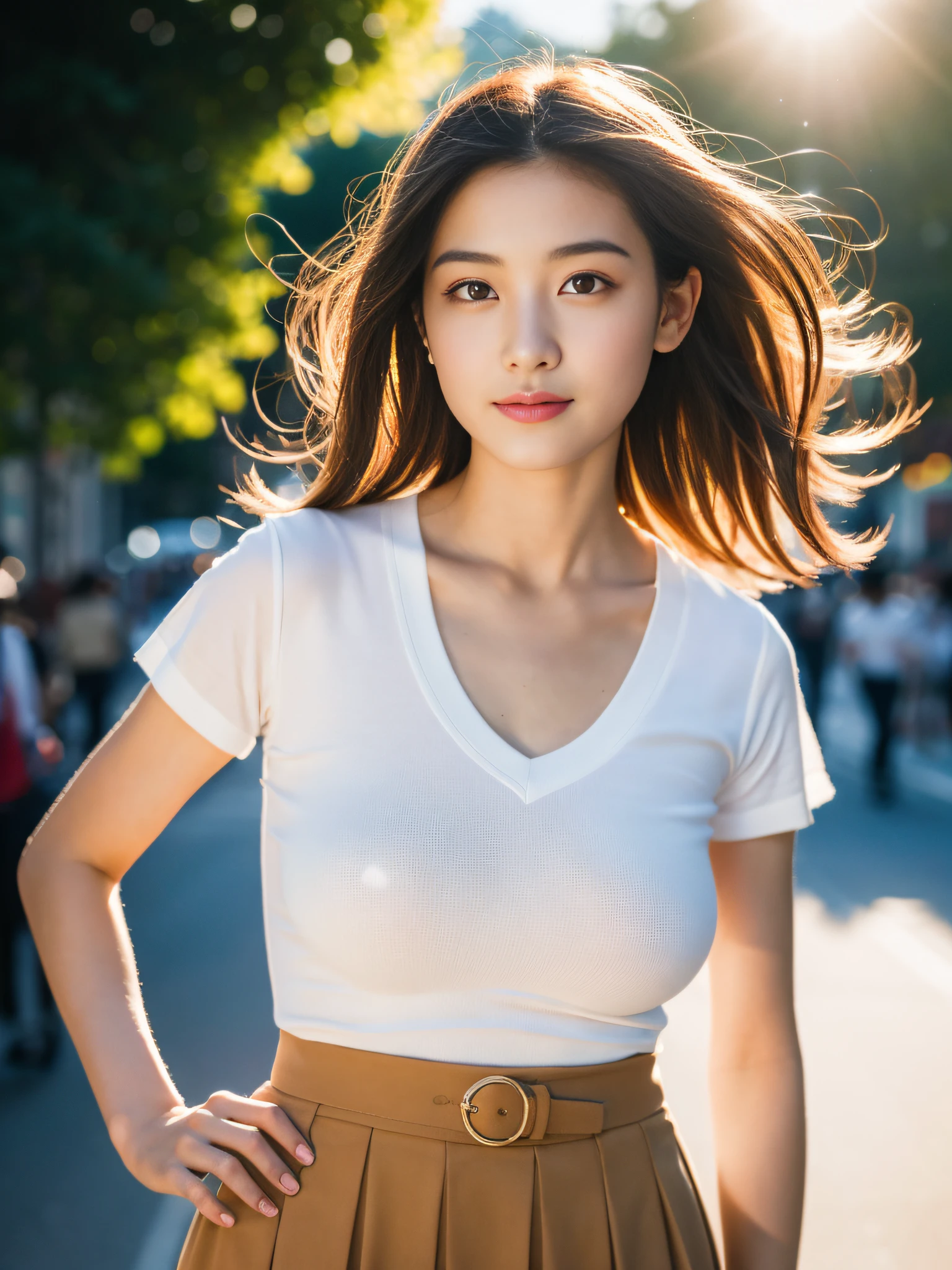 ,(RAW photo:1.2), (Photorealistic:1.4),Beautiful Meticulous Girl, very detailed eyes and faces, Beautiful detailed eyes, ultra - detailed, A high resolution, The is very detailed，best qualtiy，1个Giant Breast Girl，tmasterpiece，Stylish short sleeves，a skirt，illustratio，The is very detailed，unified，8k 壁纸，finely detailled，tmasterpiece，best qualtiy，Unity8k wallpapers，light in face，cinmatic lighting, 1个Giant Breast Girl，16 yaers old，(Camel toes)，(full bodyesbian)，are standing，鎖骨，Stylish clothes，short  skirt，Long legs，high-heels，the street，城市，rays of sunshine