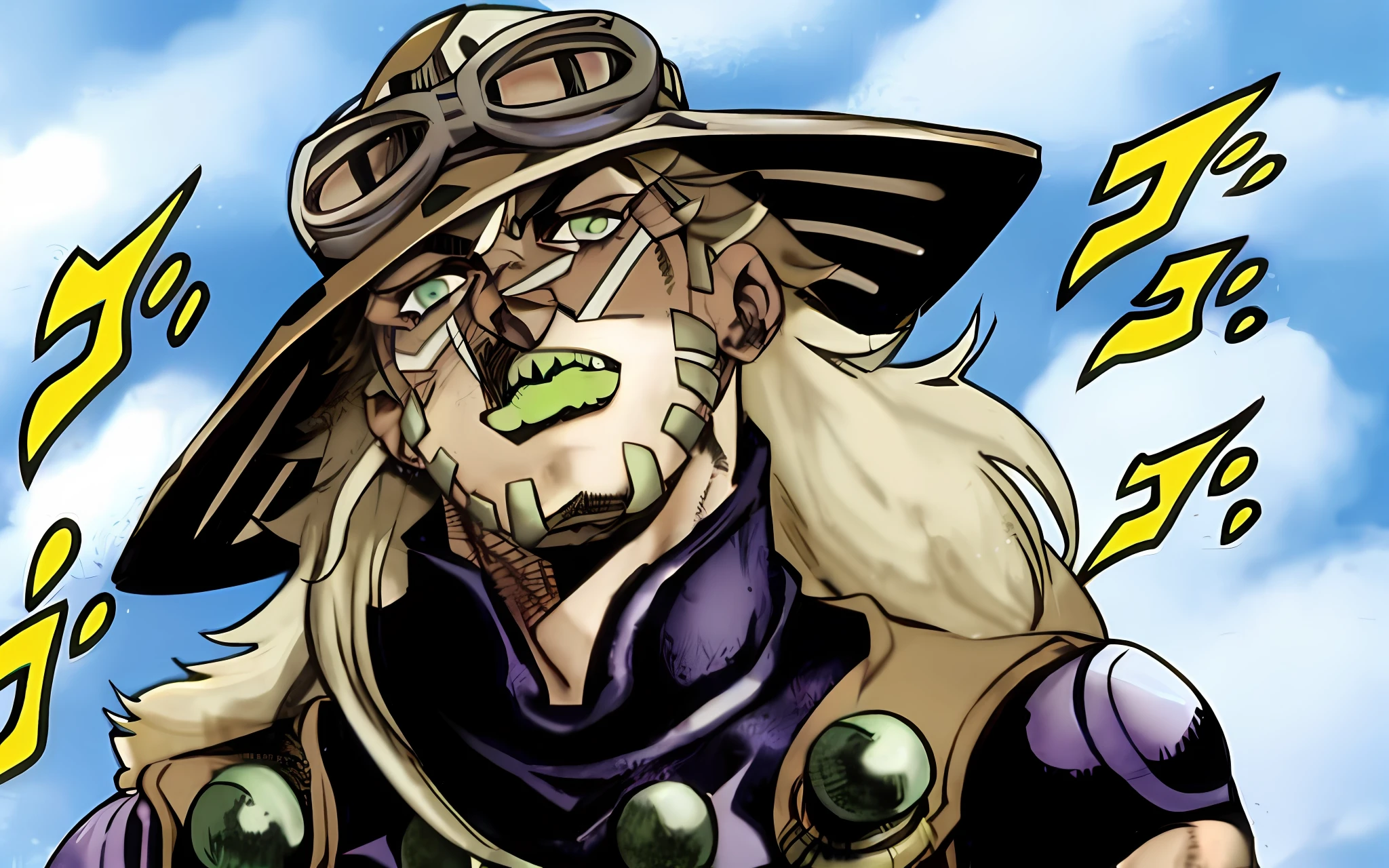 Close-up of cartoon character wearing hat and goggles, gyro zeppeli, Joseph Joestar, dio brando, jjba, in jojo\'s bizarre adventure, Jojo's bizarre adventure, jojo bizarre adventure, jojo's bizzare adventure, Steel ball running, joe biden as a jojo character, jojo's bizarre adventures,Ultra-clear,tmasterpiece,delicate linework